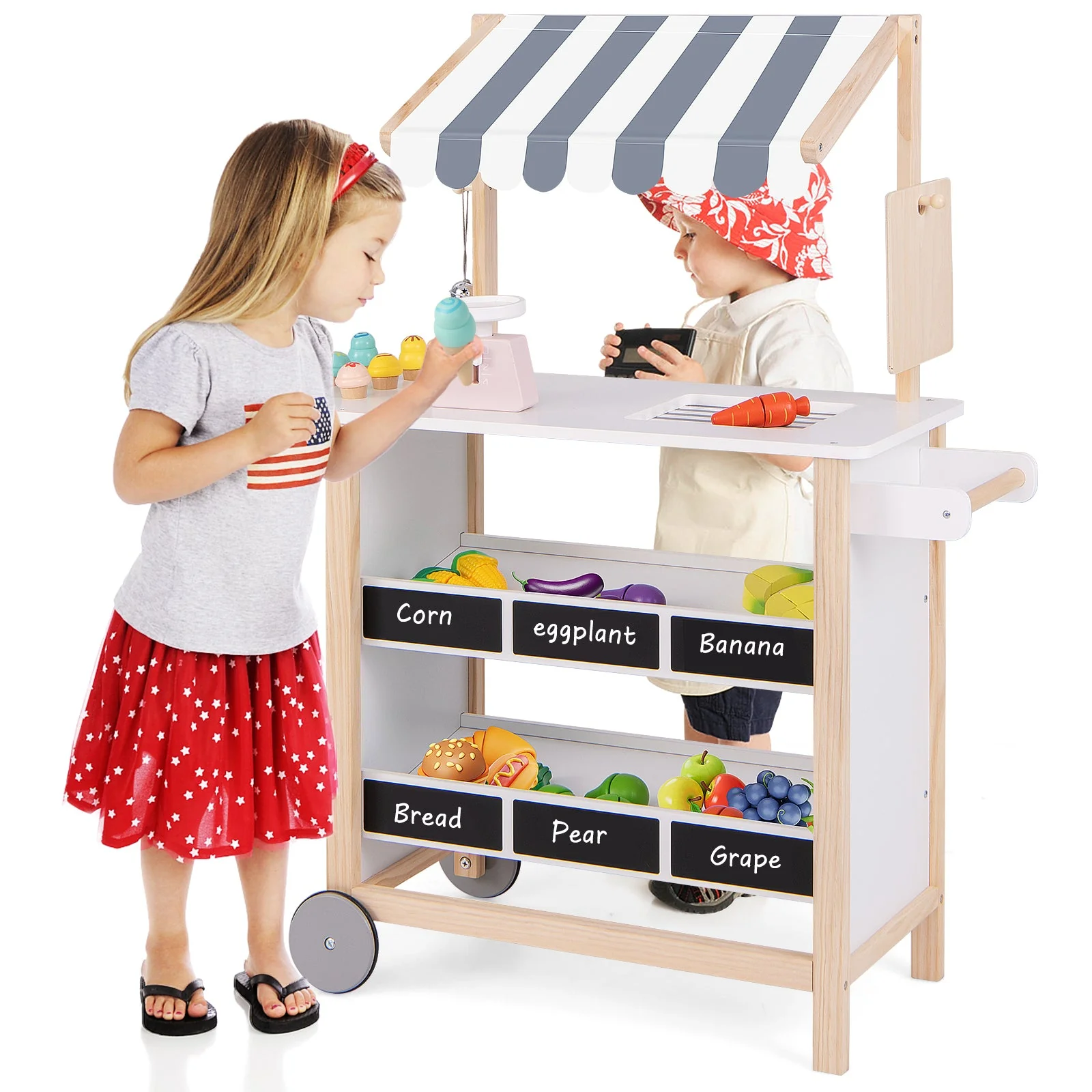 Kids Wooden Ice Cream Cart with Chalkboard and Storage for over 3 Years Old-White - Image 6