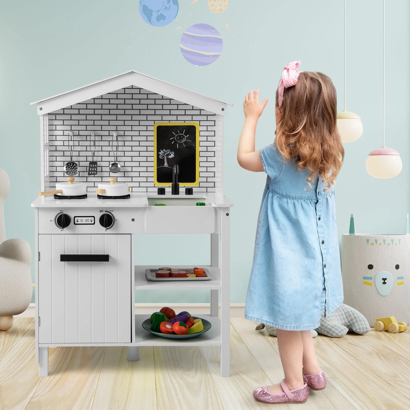 Kids Wooden Kitchen Play Set with Storage Shelves and Accessories-White - Image 2
