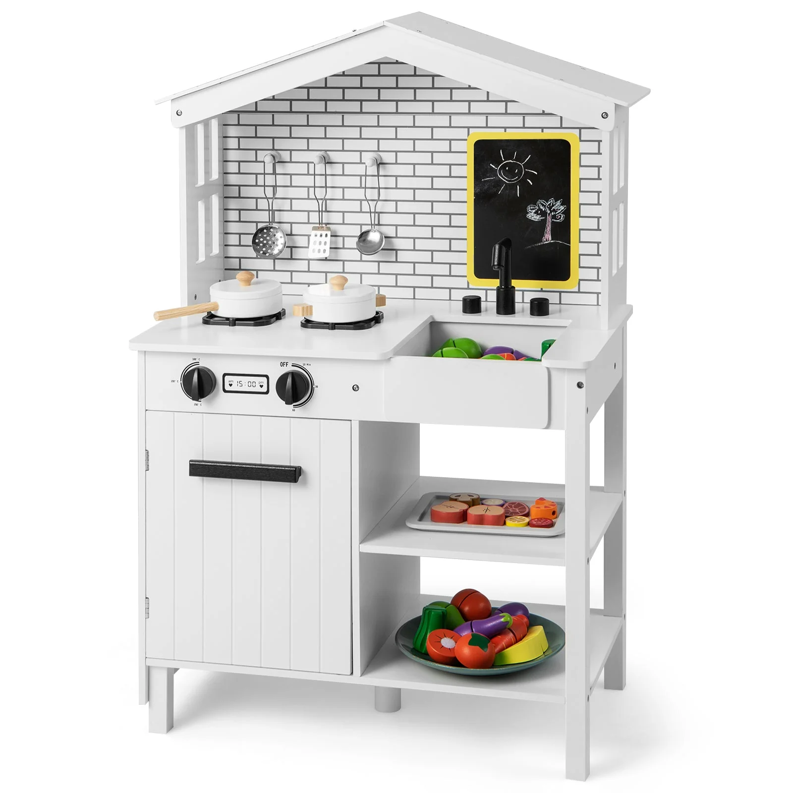 Kids Wooden Kitchen Play Set with Storage Shelves and Accessories-White - Image 4