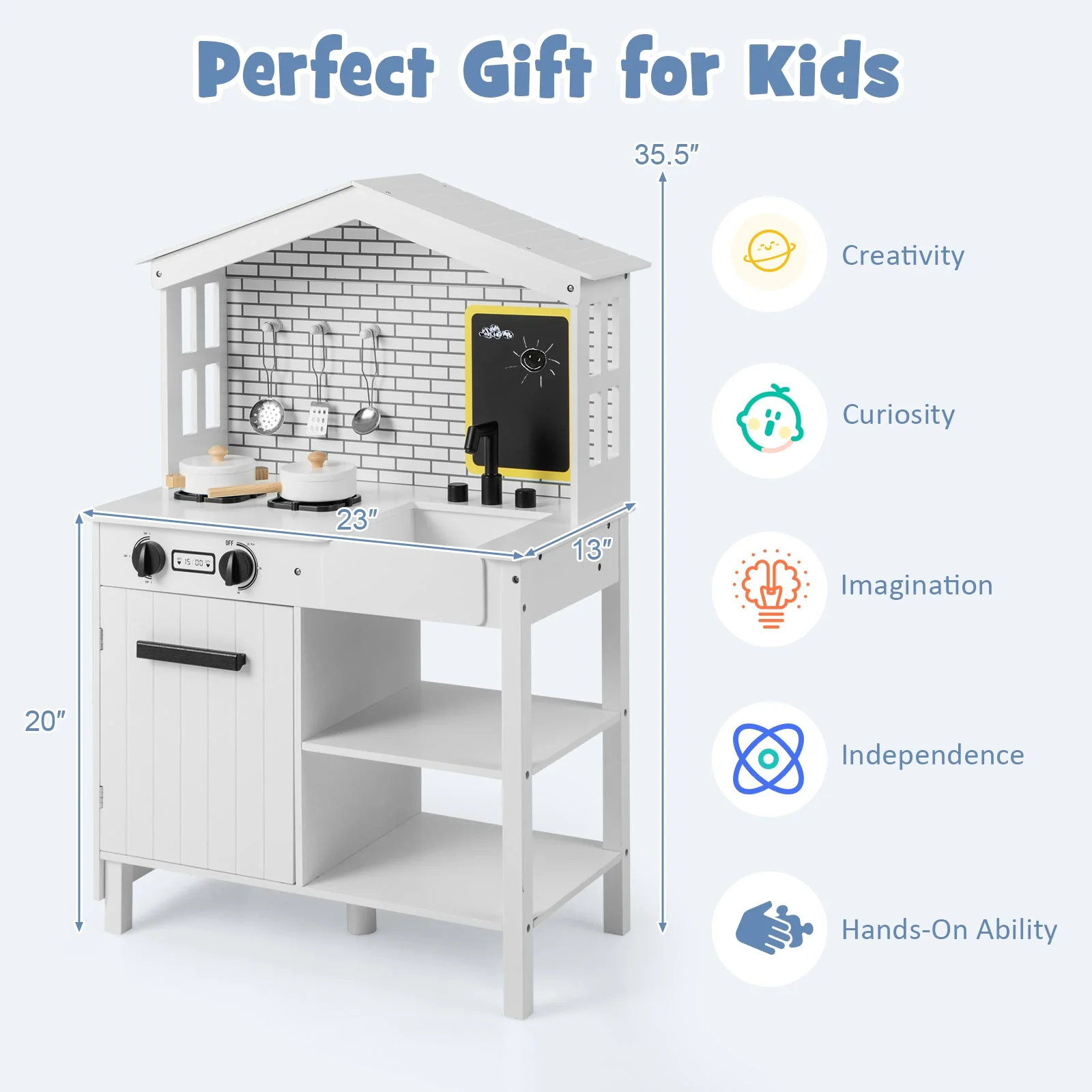 Kids Wooden Kitchen Play Set with Storage Shelves and Accessories-White - Image 5