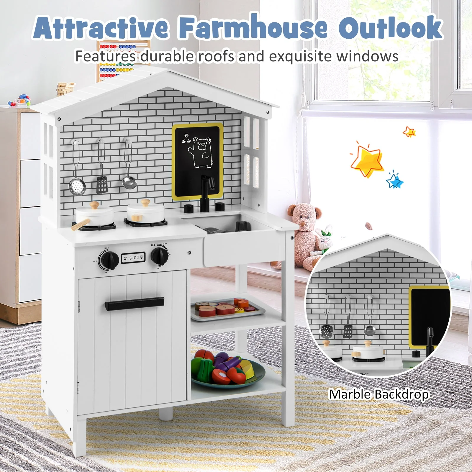 Kids Wooden Kitchen Play Set with Storage Shelves and Accessories-White - Image 6