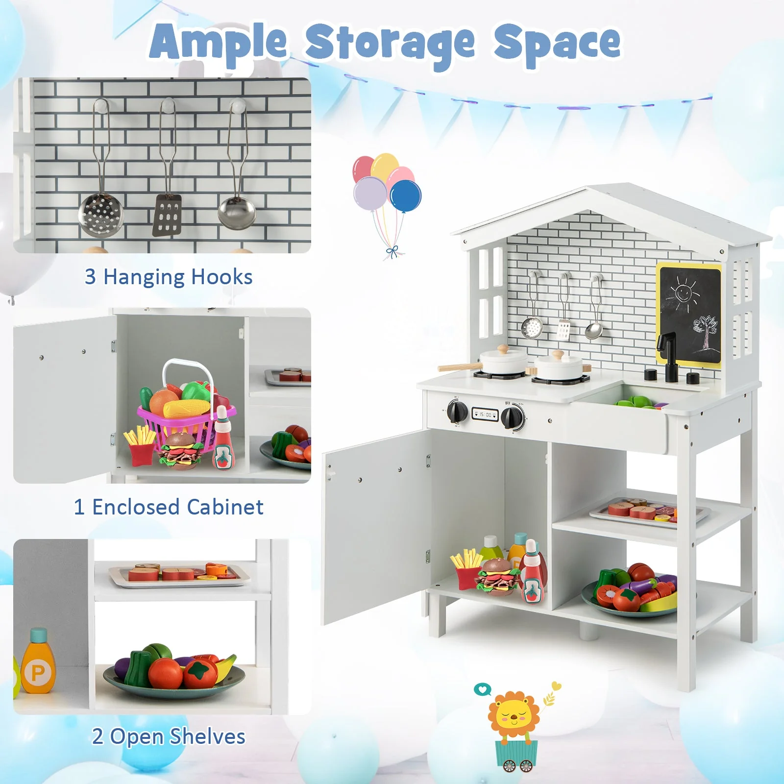 Kids Wooden Kitchen Play Set with Storage Shelves and Accessories-White - Image 7
