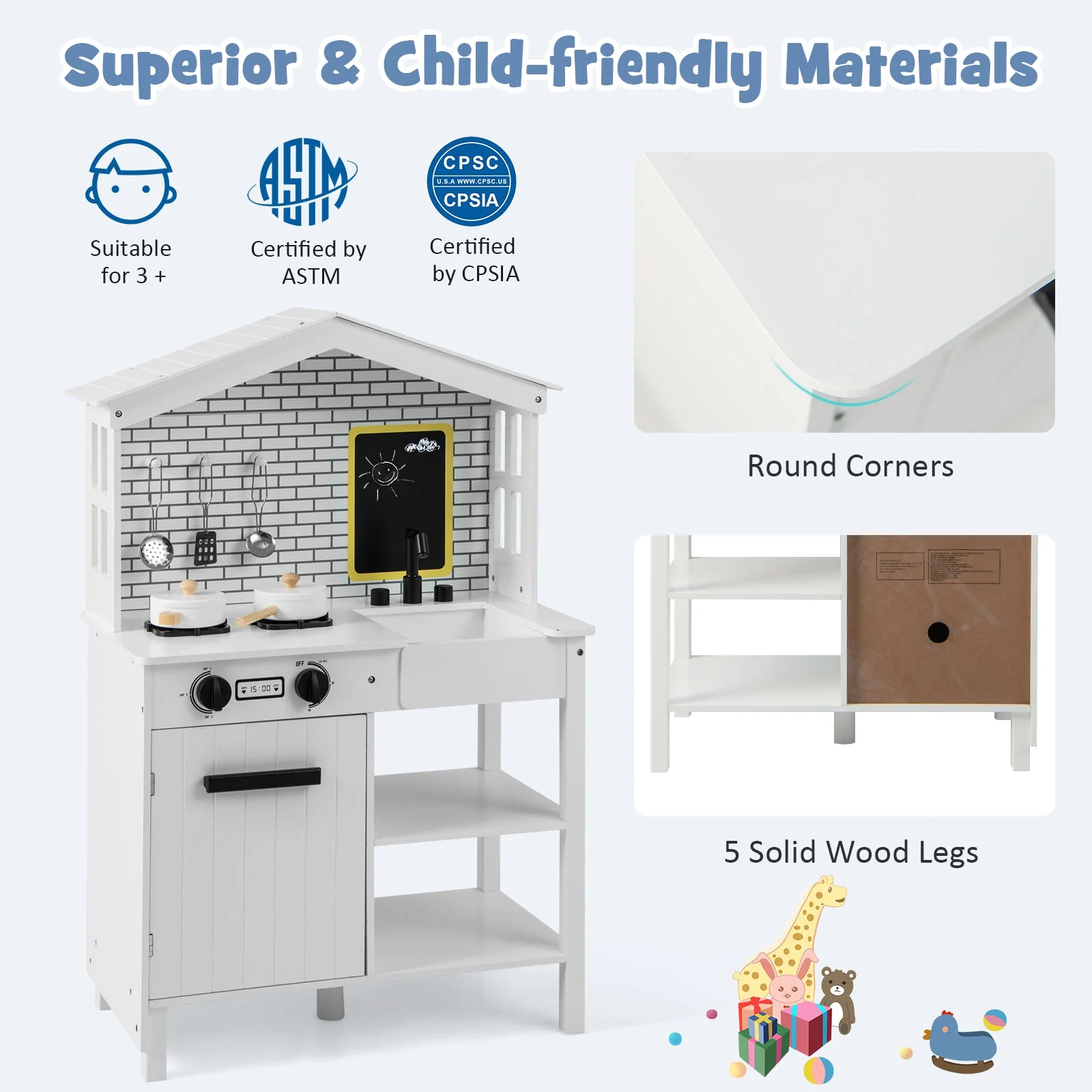 Kids Wooden Kitchen Play Set with Storage Shelves and Accessories-White - Image 8