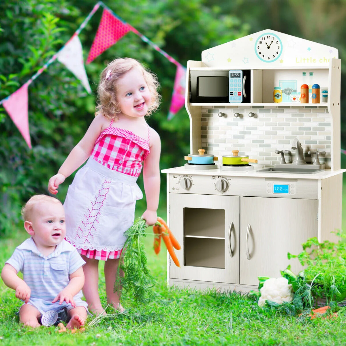 Kids Wooden Pretend Cooking Playset Cookware Kitchen-Beige - Image 2