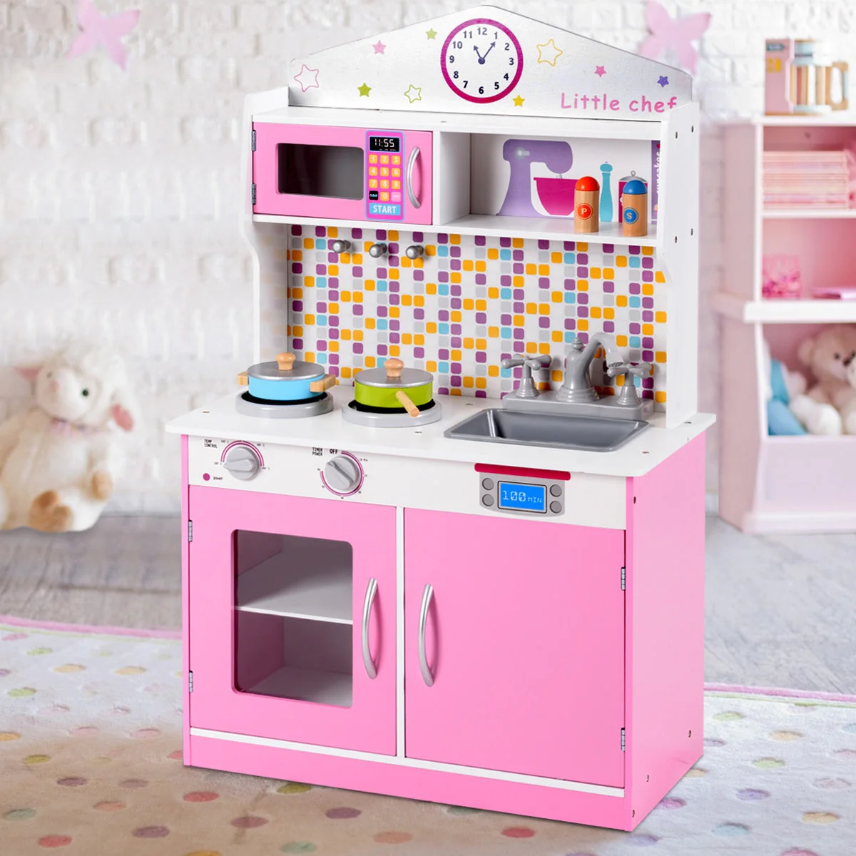 Kids Wooden Pretend Cooking Playset Cookware Play Set Kitchen Toys Toddler Gift-Pink - Image 2