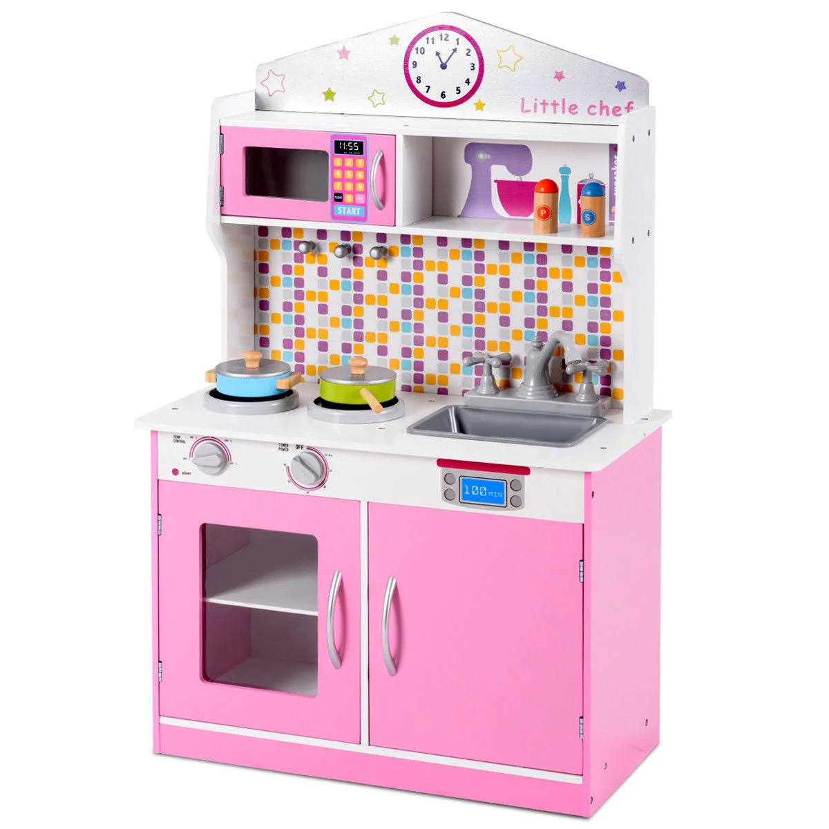 Kids Wooden Pretend Cooking Playset Cookware Play Set Kitchen Toys Toddler Gift-Pink - Image 3