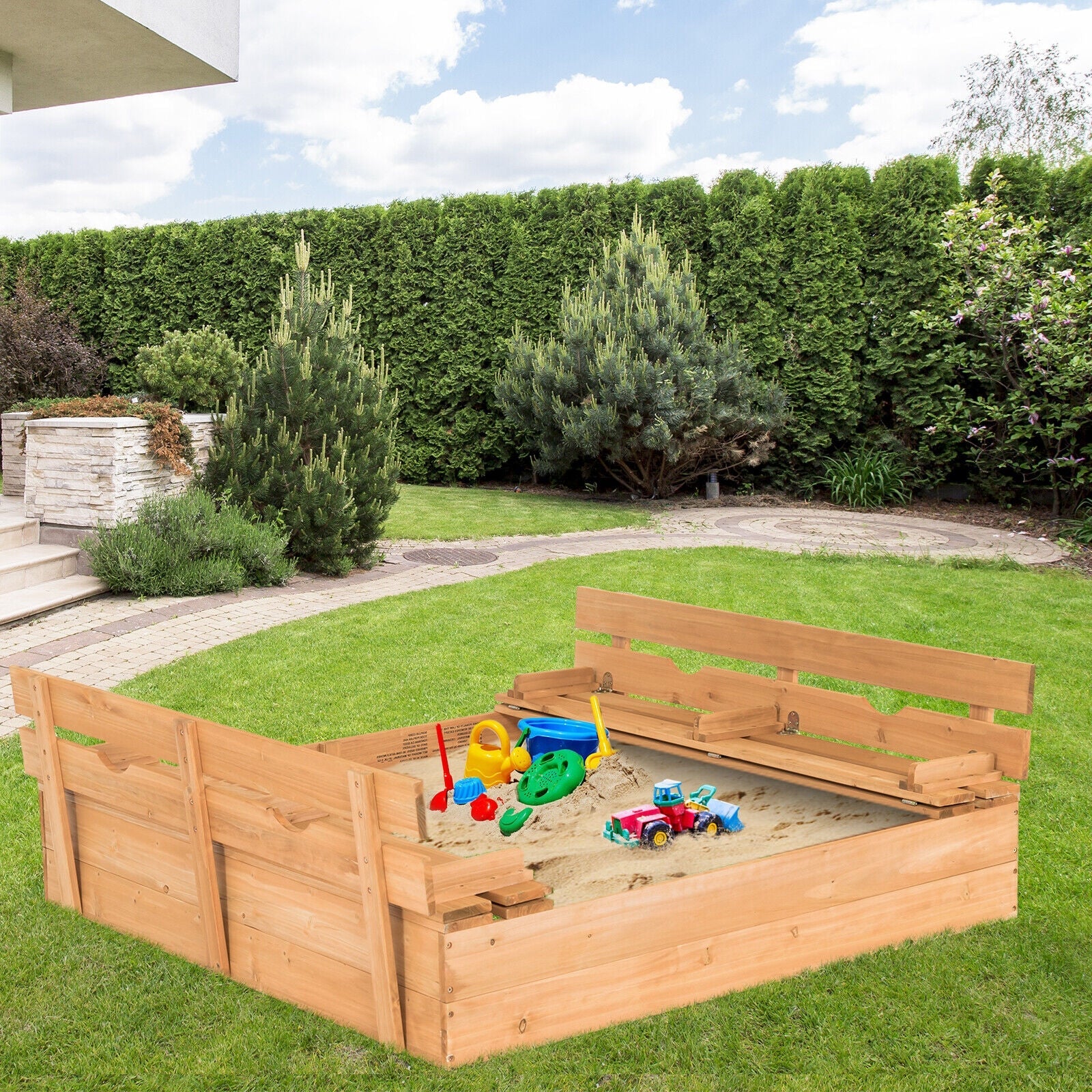 Kids Wooden Sandbox with 2 Foldable Bench Seats - Image 2
