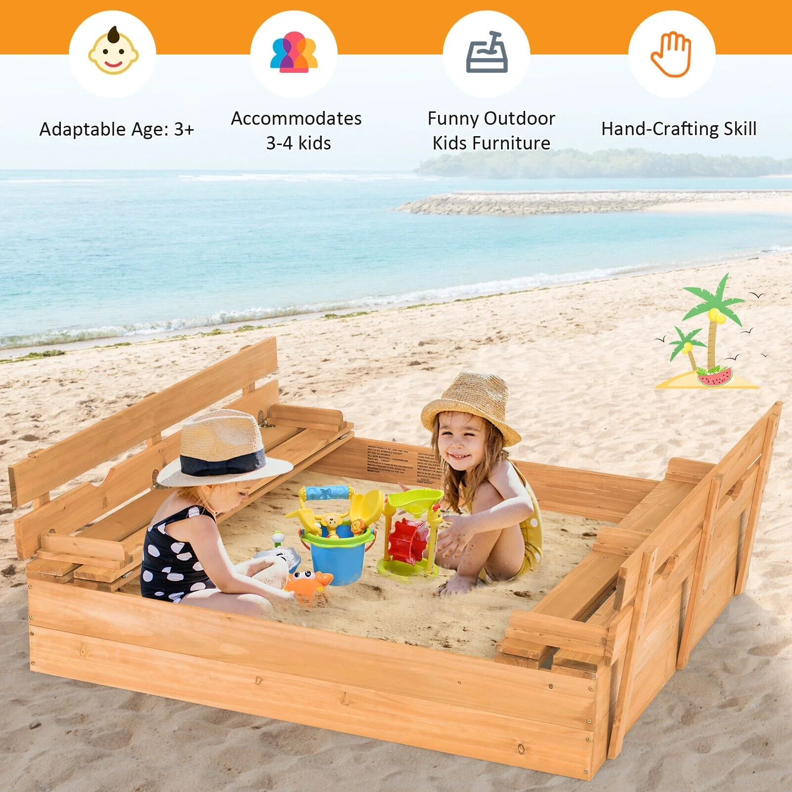 Kids Wooden Sandbox with 2 Foldable Bench Seats - Image 6