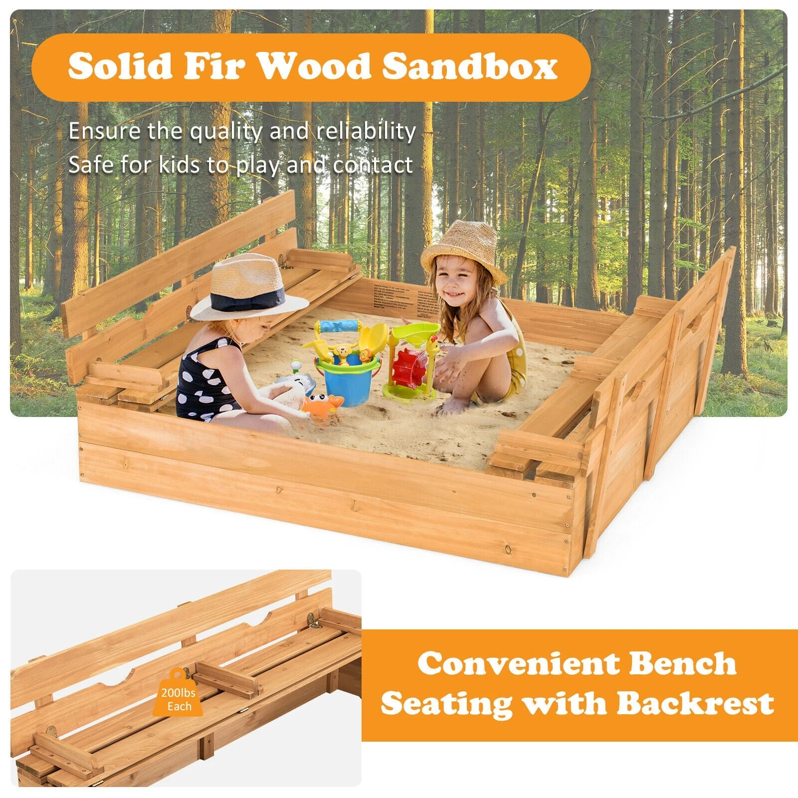 Kids Wooden Sandbox with 2 Foldable Bench Seats - Image 7