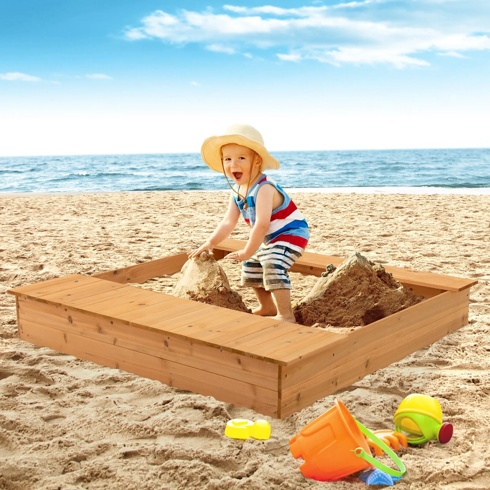 Kids Wooden Sandbox with Bench Seats and Storage Boxes - Image 2