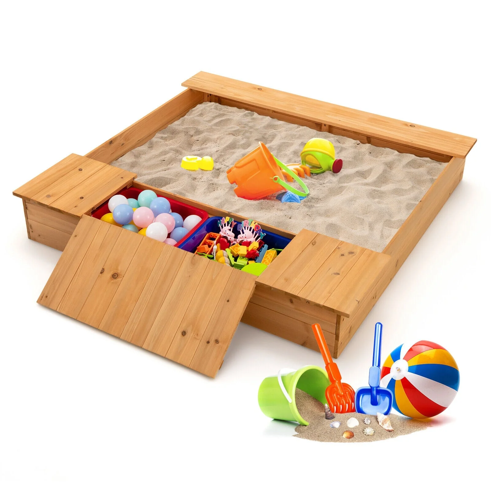 Kids Wooden Sandbox with Bench Seats and Storage Boxes - Image 4