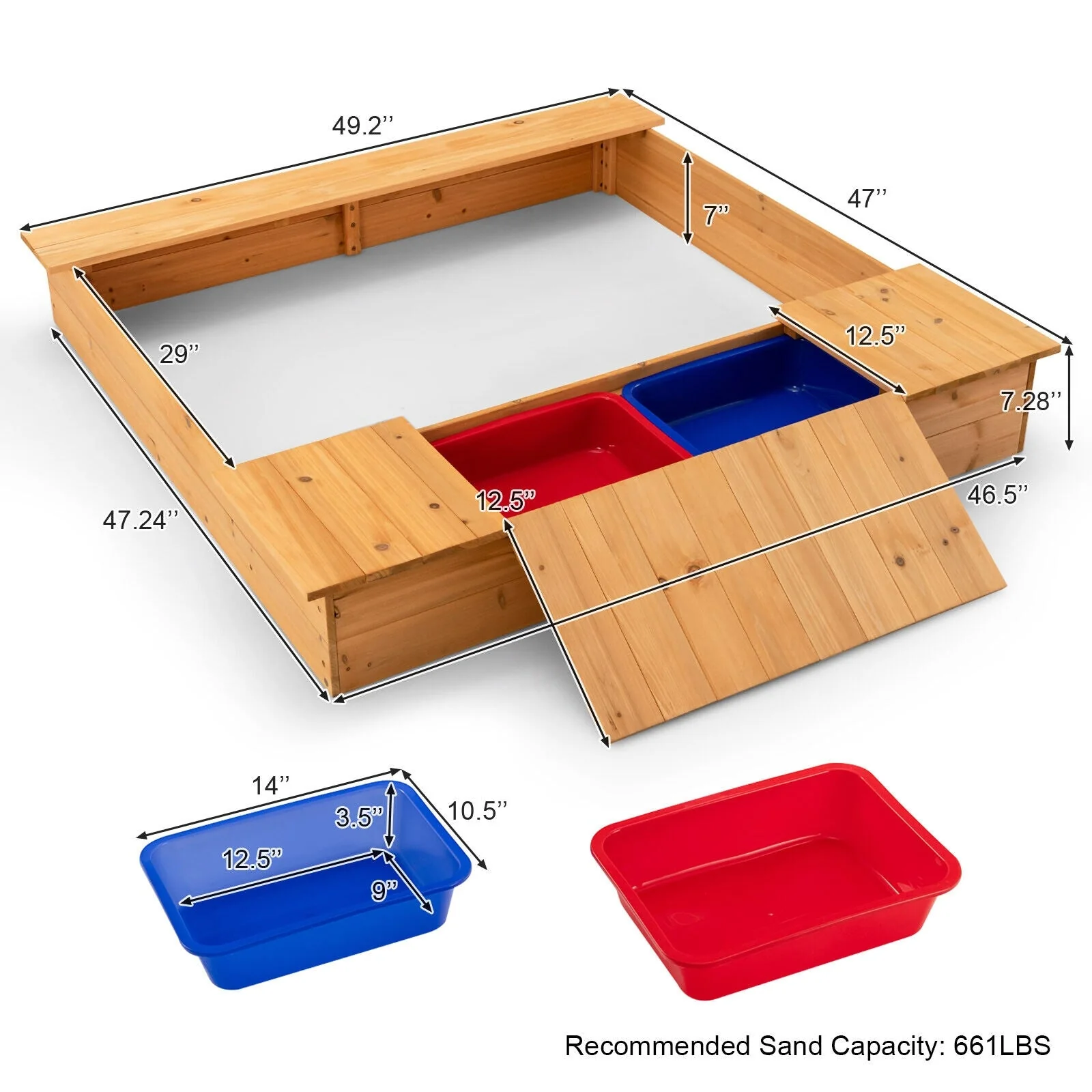 Kids Wooden Sandbox with Bench Seats and Storage Boxes - Image 5