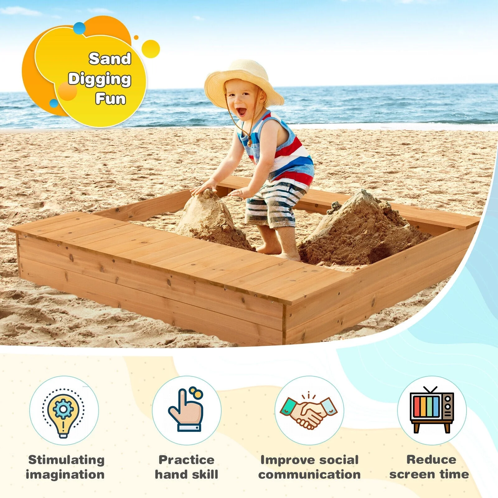 Kids Wooden Sandbox with Bench Seats and Storage Boxes - Image 6