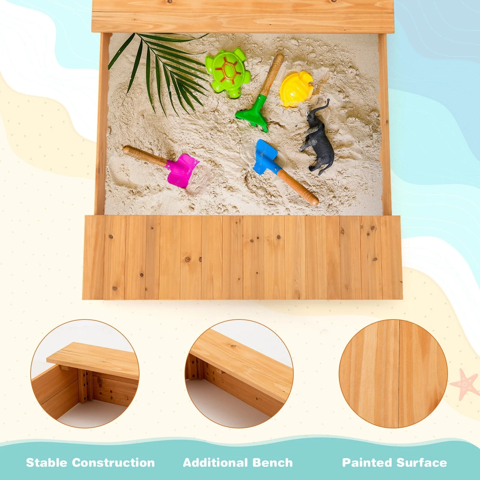 Kids Wooden Sandbox with Bench Seats and Storage Boxes - Image 7