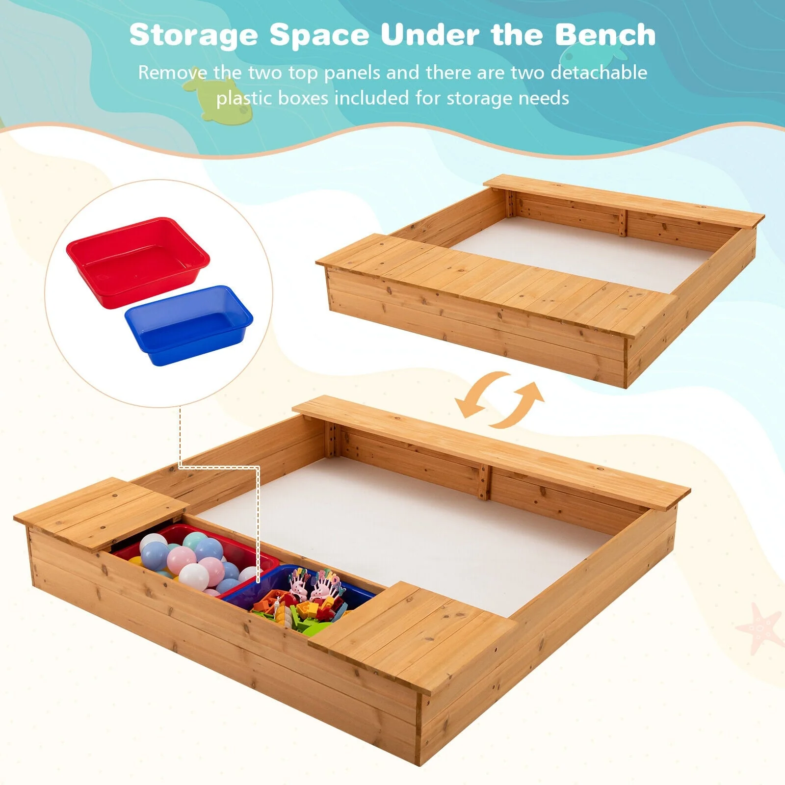 Kids Wooden Sandbox with Bench Seats and Storage Boxes - Image 8