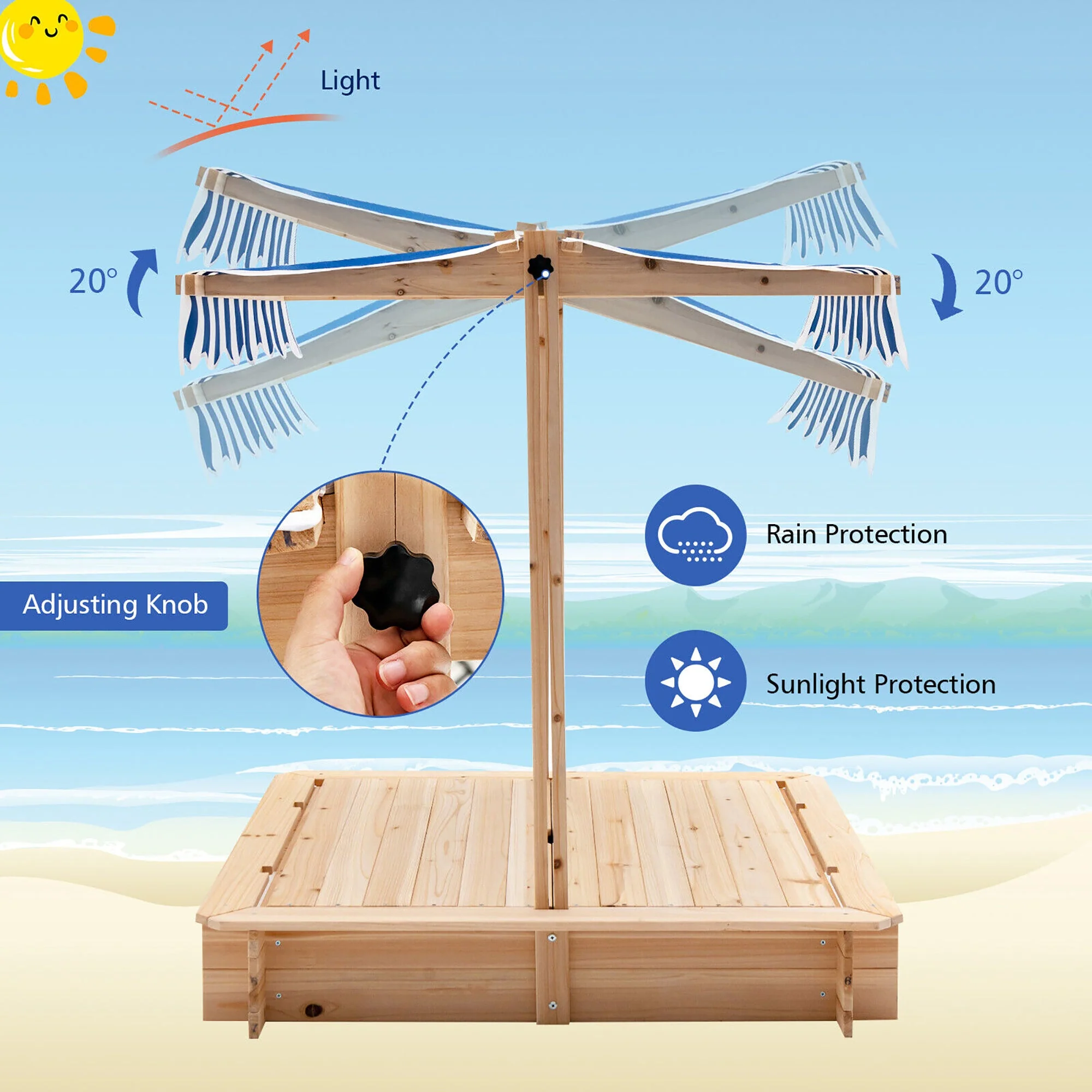 Kids Wooden Sandbox with Canopy and Bench Seats - Image 2