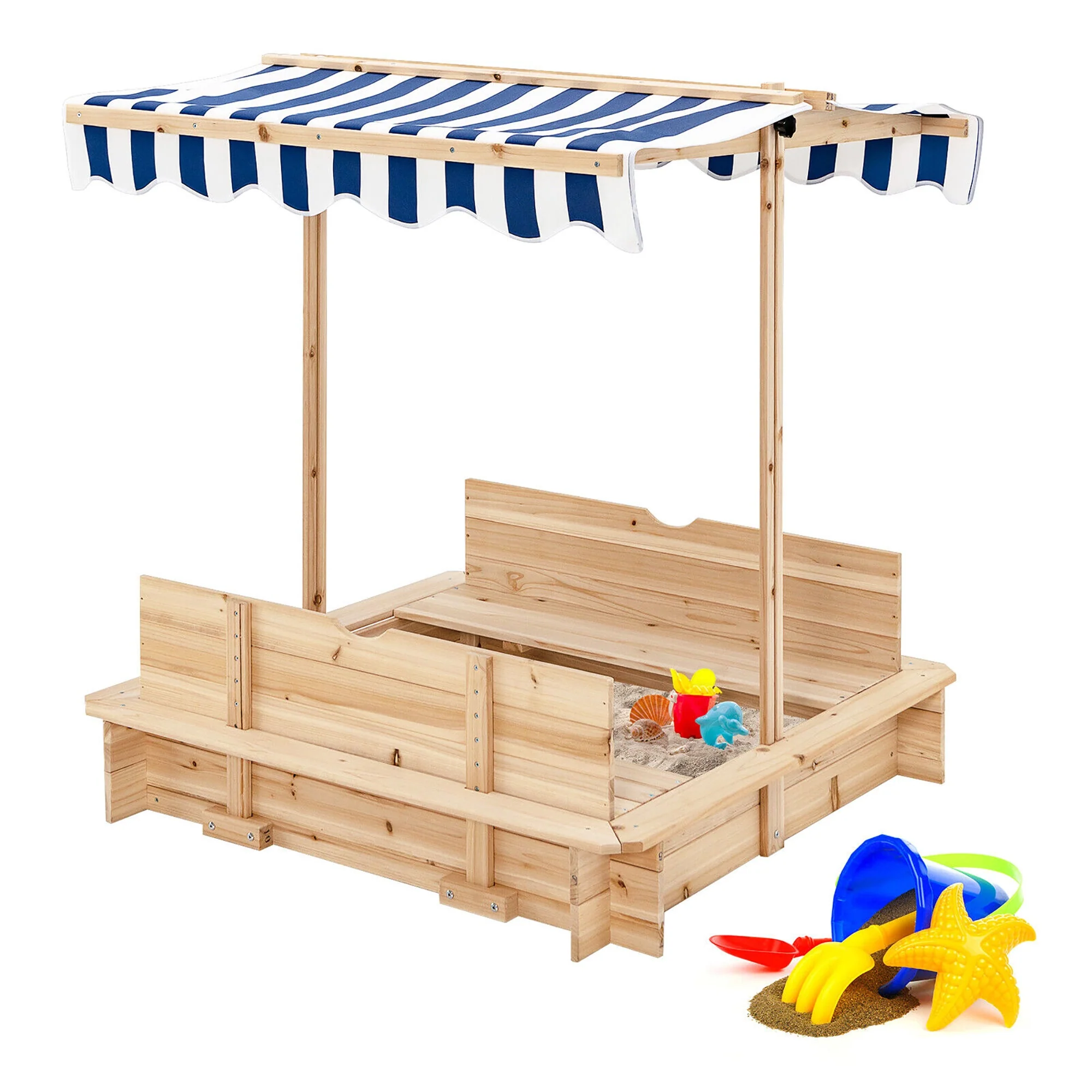 Kids Wooden Sandbox with Canopy and Bench Seats - Image 3