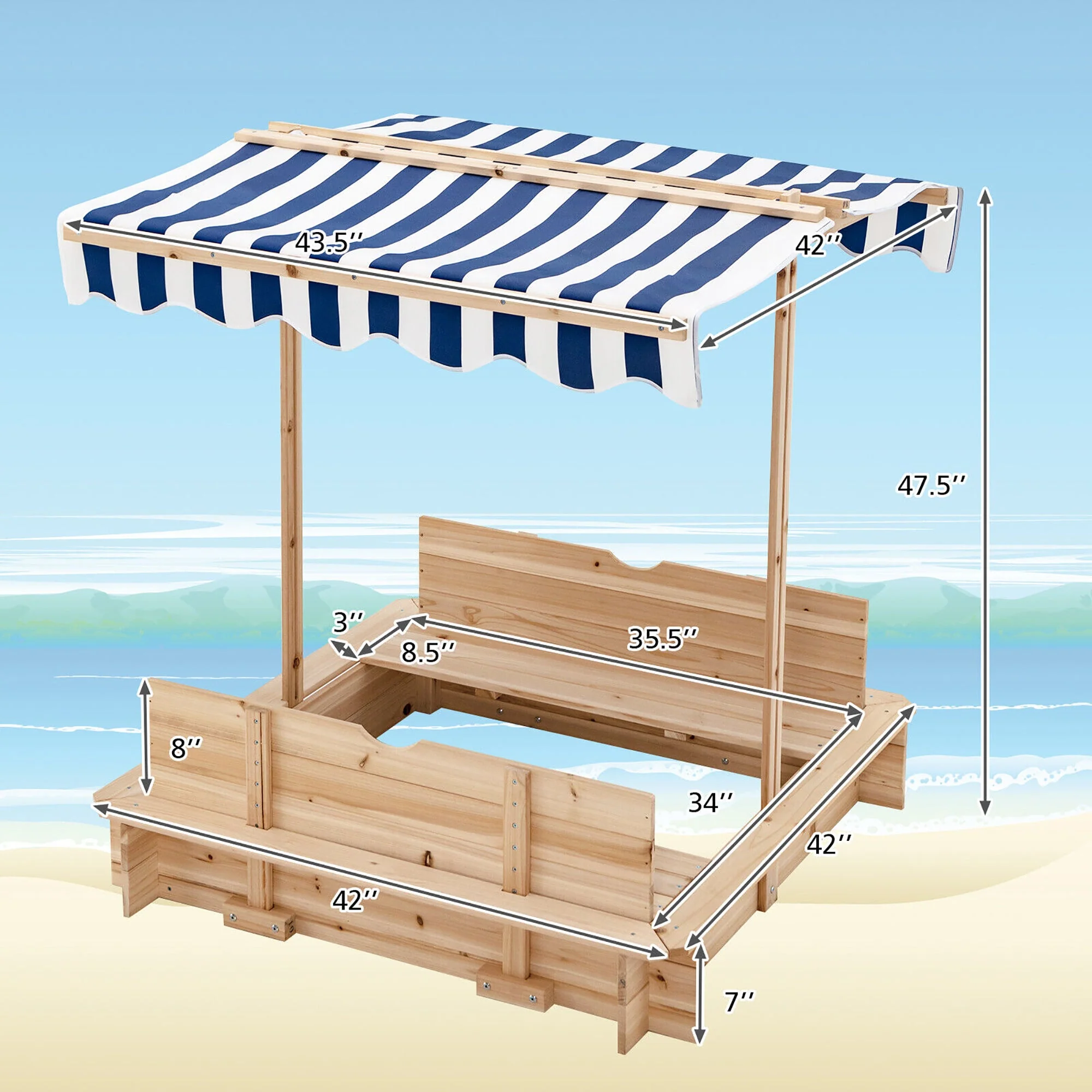 Kids Wooden Sandbox with Canopy and Bench Seats - Image 4