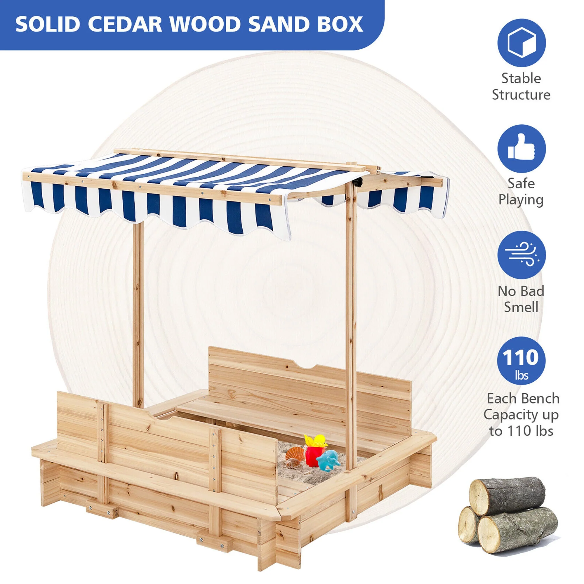 Kids Wooden Sandbox with Canopy and Bench Seats - Image 5