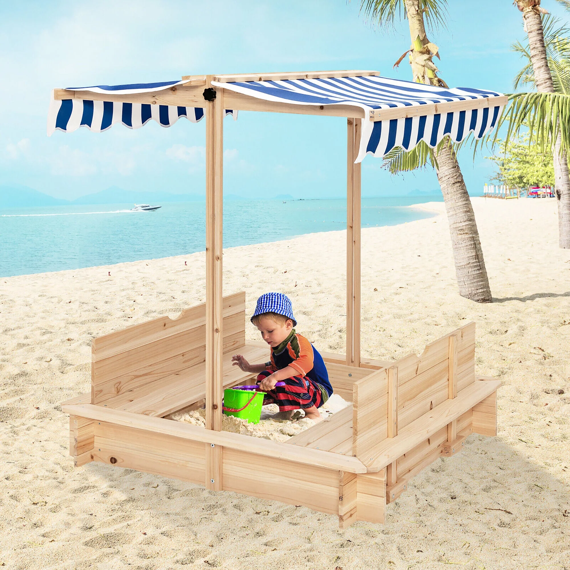 Kids Wooden Sandbox with Canopy and Bench Seats - Image 6