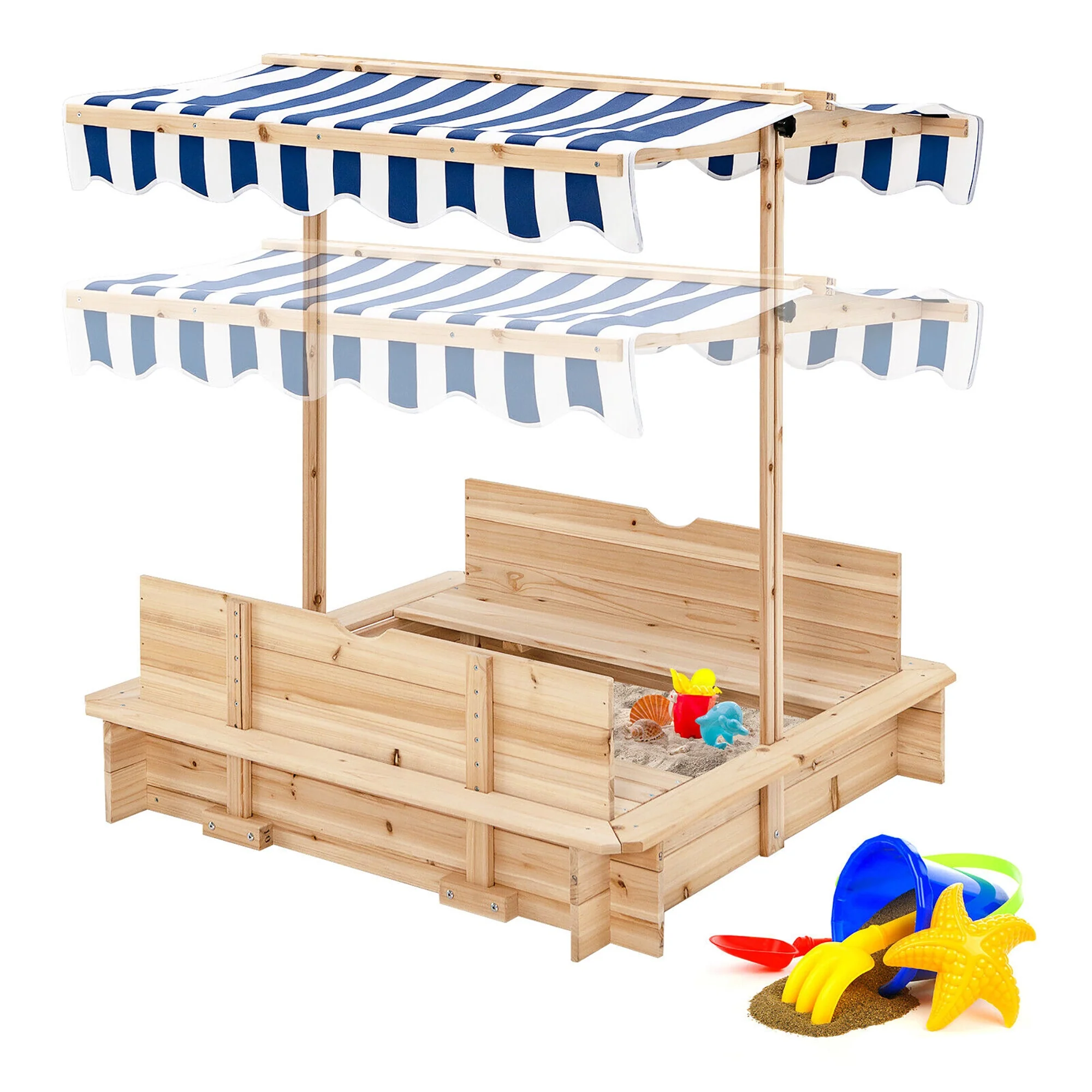 Kids Wooden Sandbox with Canopy and Bench Seats - Image 7