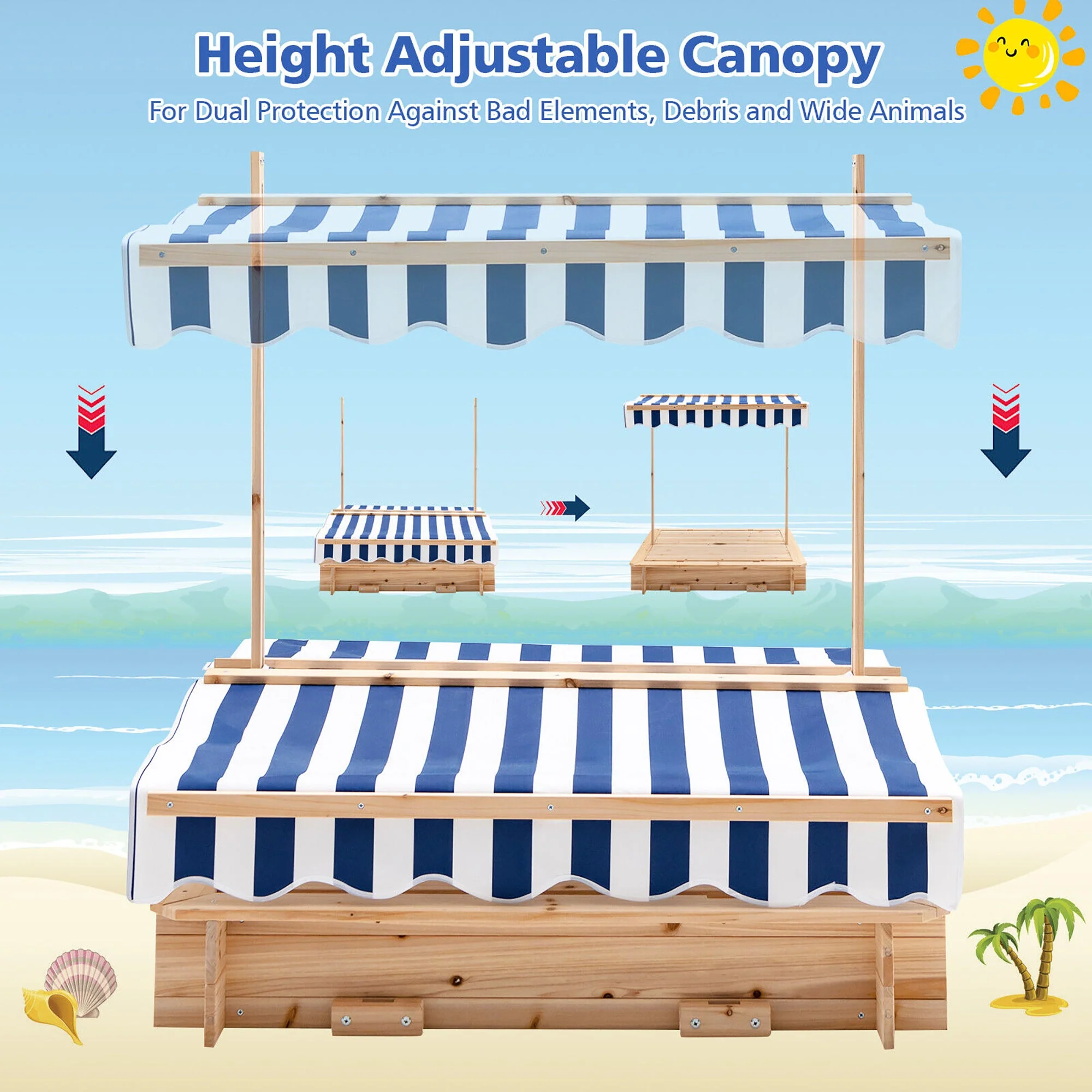 Kids Wooden Sandbox with Canopy and Bench Seats - Image 8