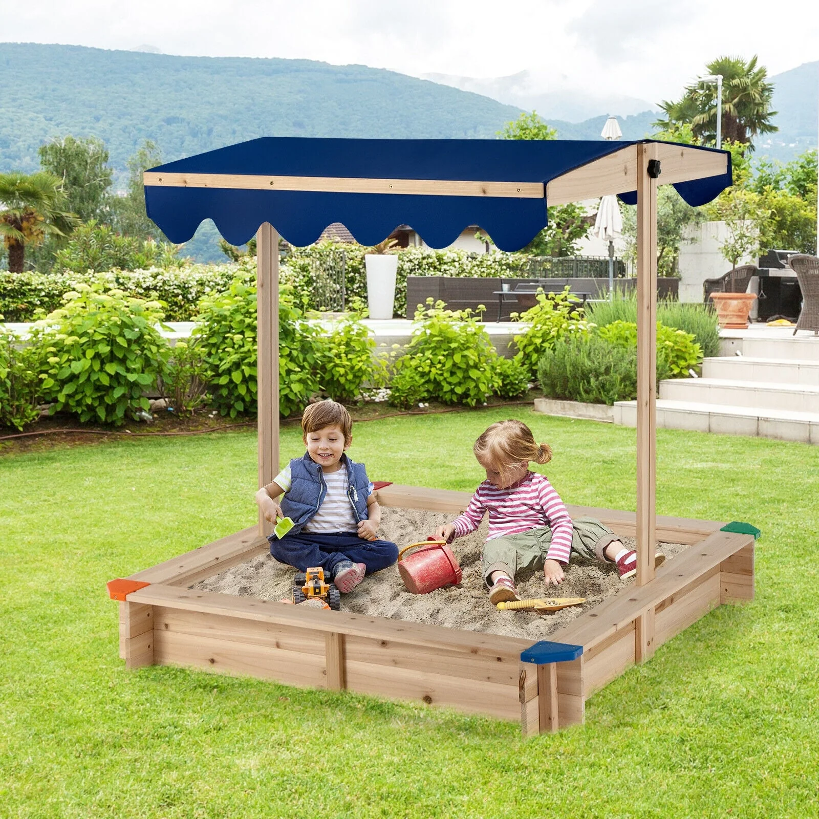 Kids Wooden Sandbox with Height Adjustable and Rotatable Canopy Outdoor Playset - Image 2