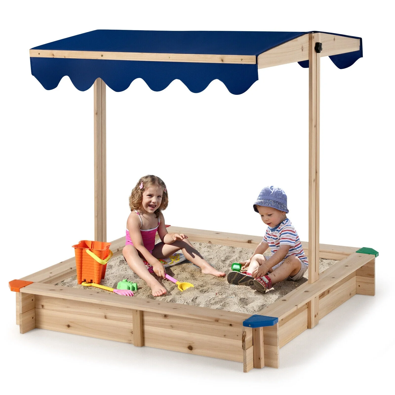 Kids Wooden Sandbox with Height Adjustable and Rotatable Canopy Outdoor Playset - Image 4