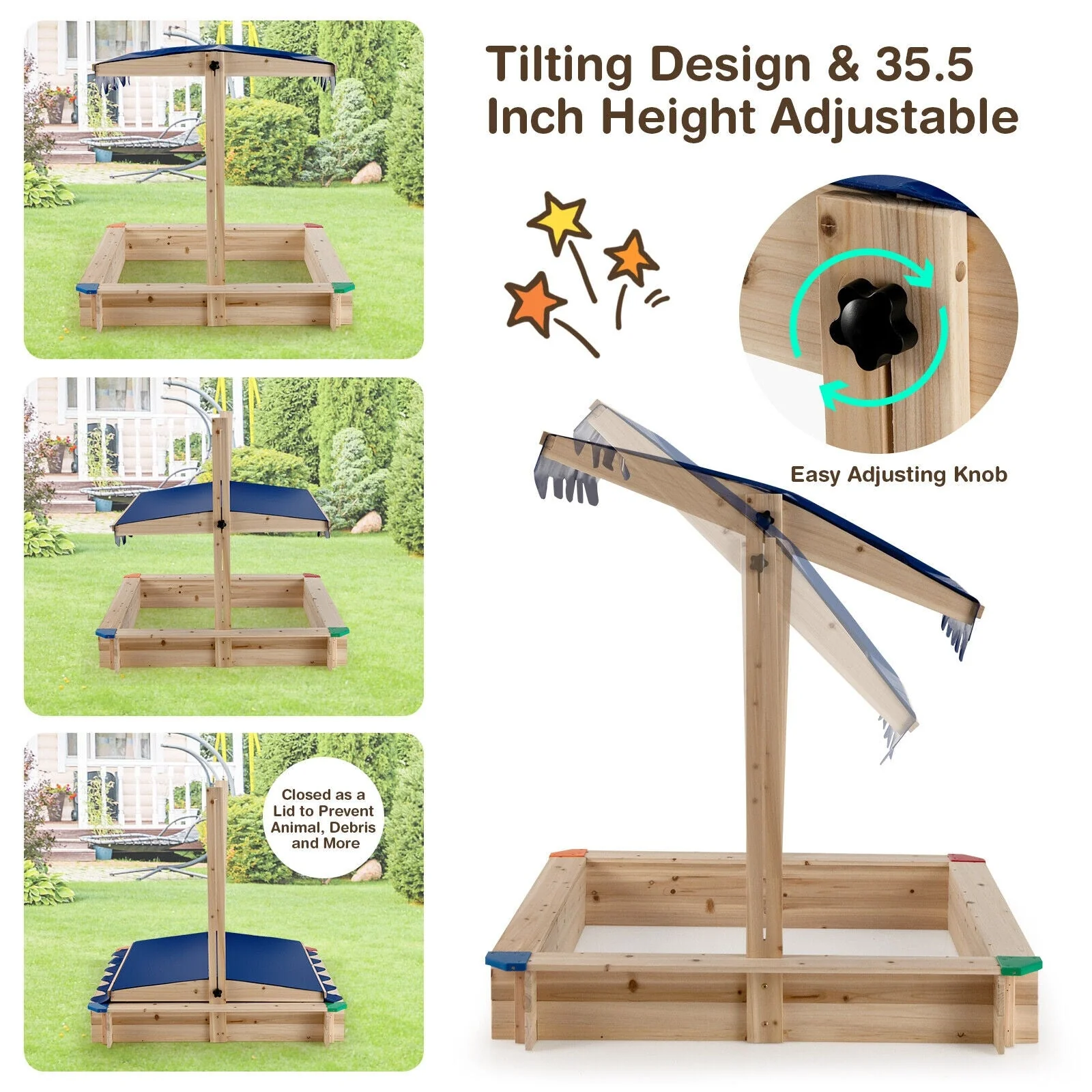 Kids Wooden Sandbox with Height Adjustable and Rotatable Canopy Outdoor Playset - Image 7