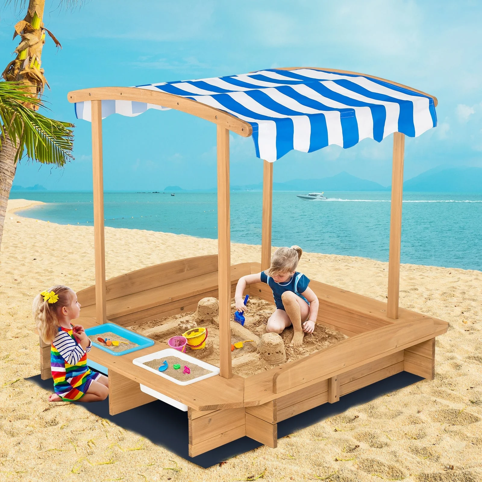 Kids Wooden Sandbox with Striped Canopy - Image 2