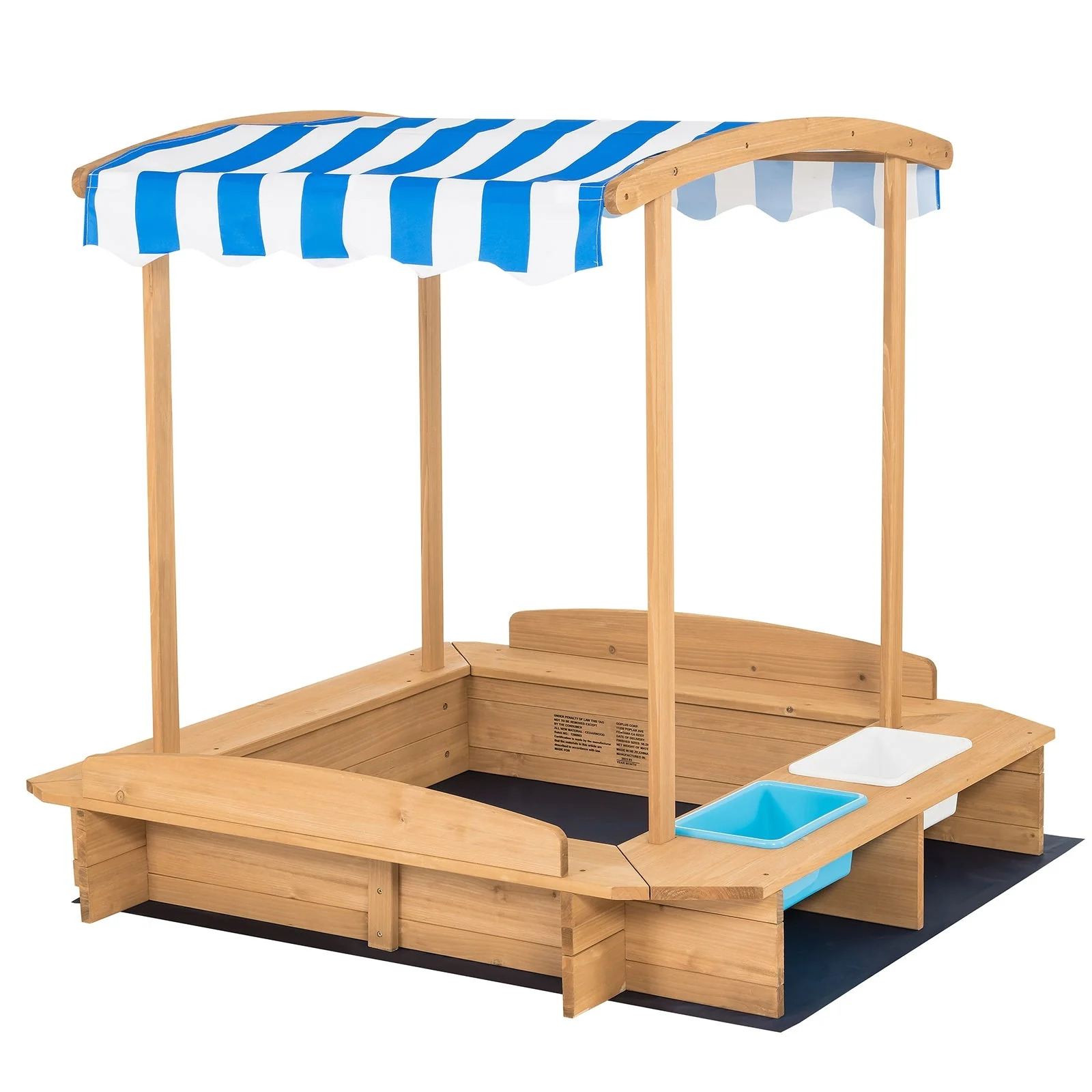 Kids Wooden Sandbox with Striped Canopy - Image 3