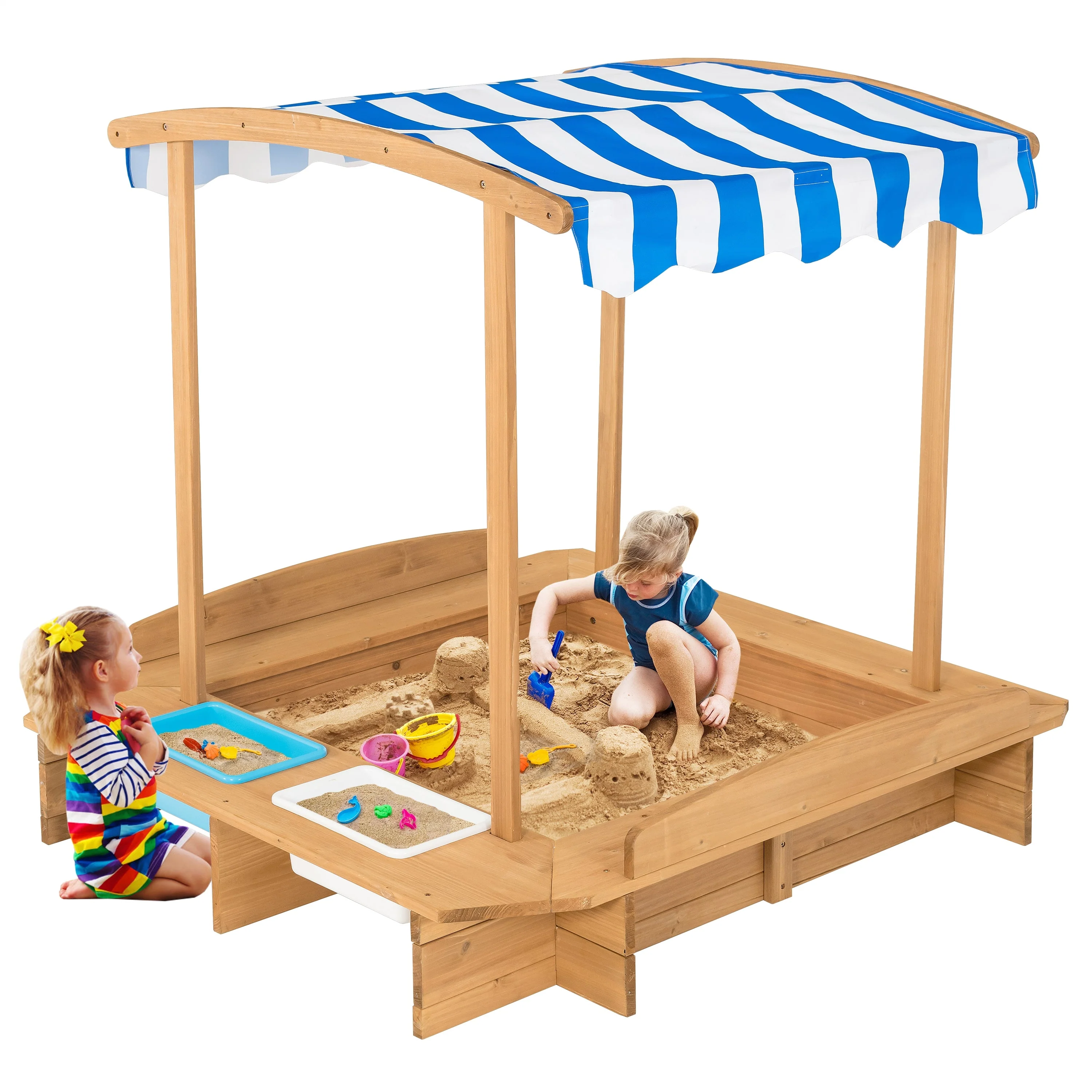 Kids Wooden Sandbox with Striped Canopy - Image 4