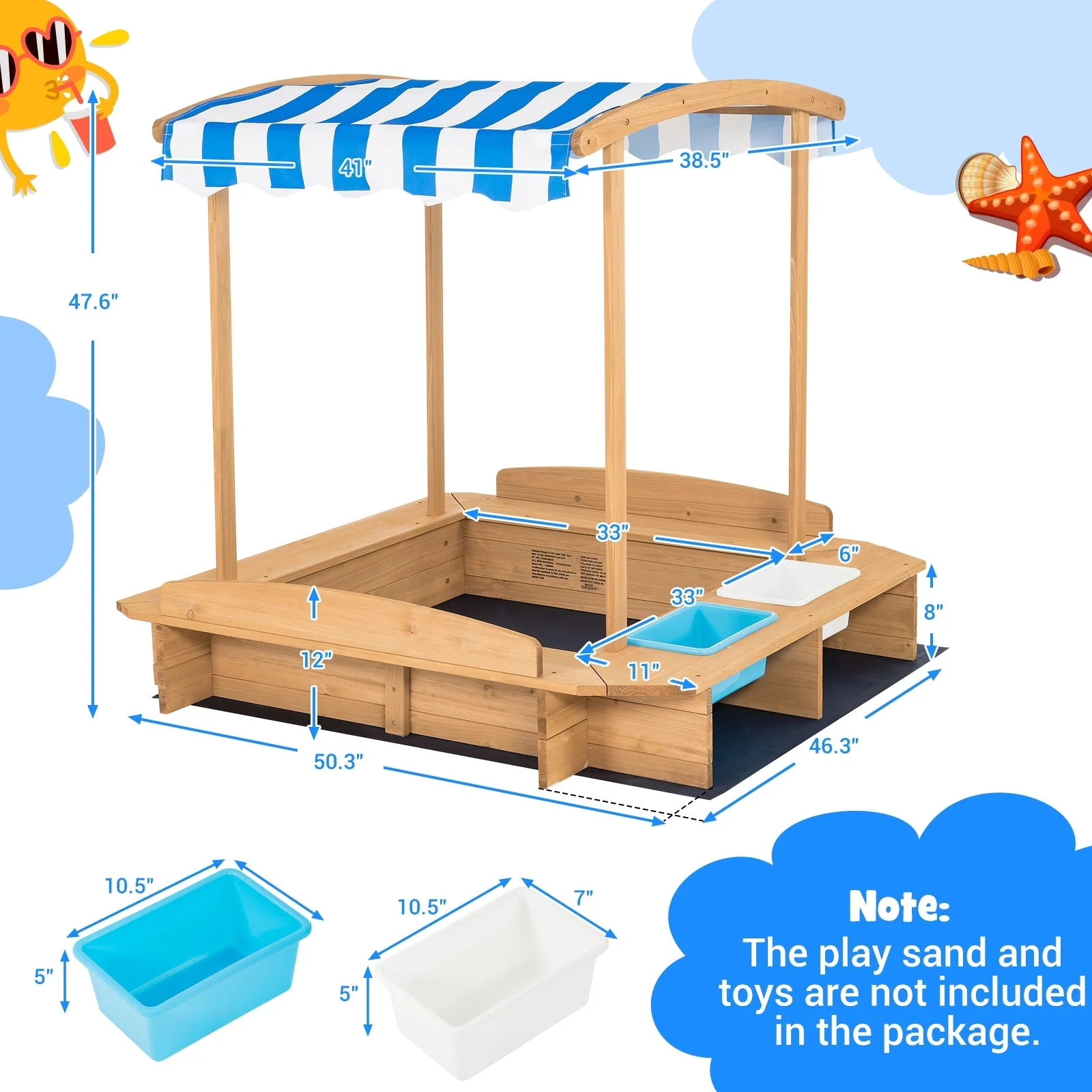 Kids Wooden Sandbox with Striped Canopy - Image 5
