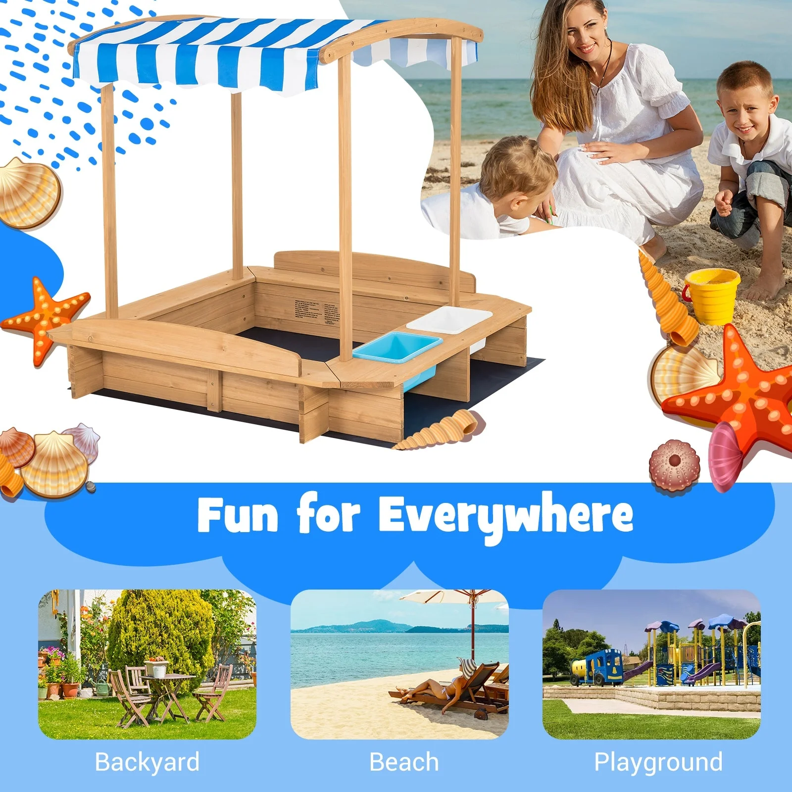 Kids Wooden Sandbox with Striped Canopy - Image 6