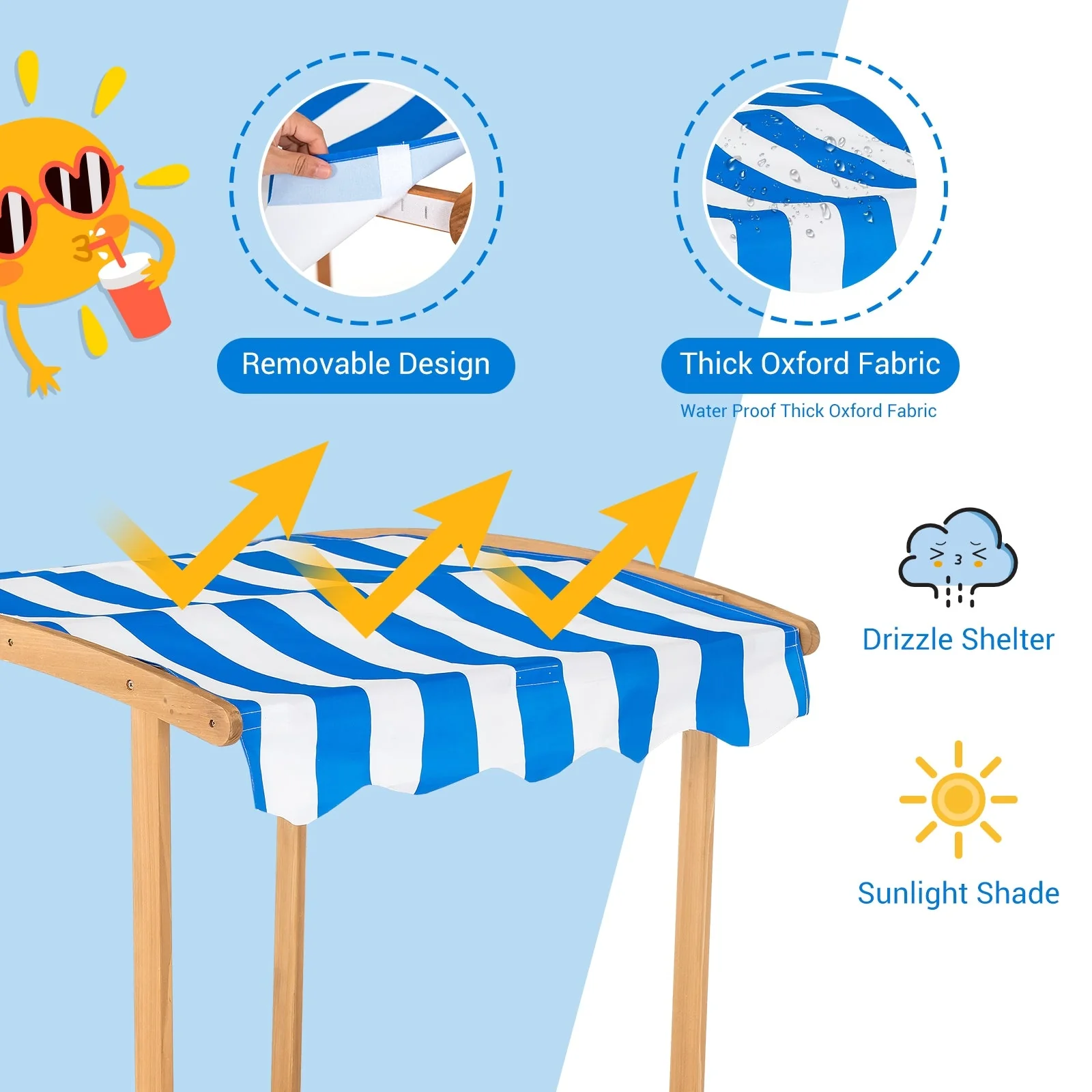 Kids Wooden Sandbox with Striped Canopy - Image 7