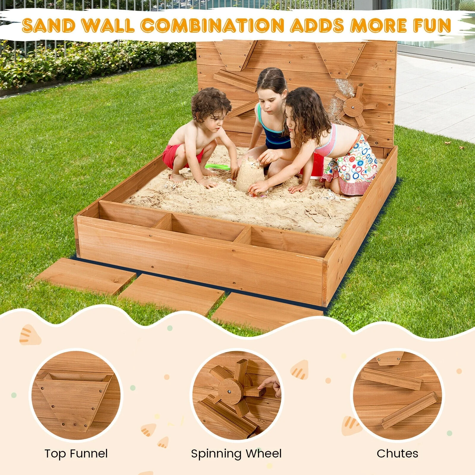 Kids Wooden Square Sandbox with Cover - Image 2