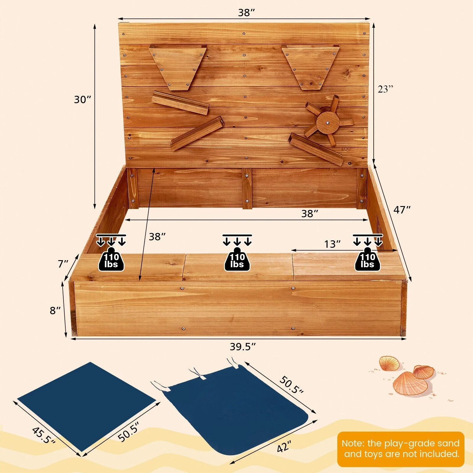 Kids Wooden Square Sandbox with Cover - Image 4