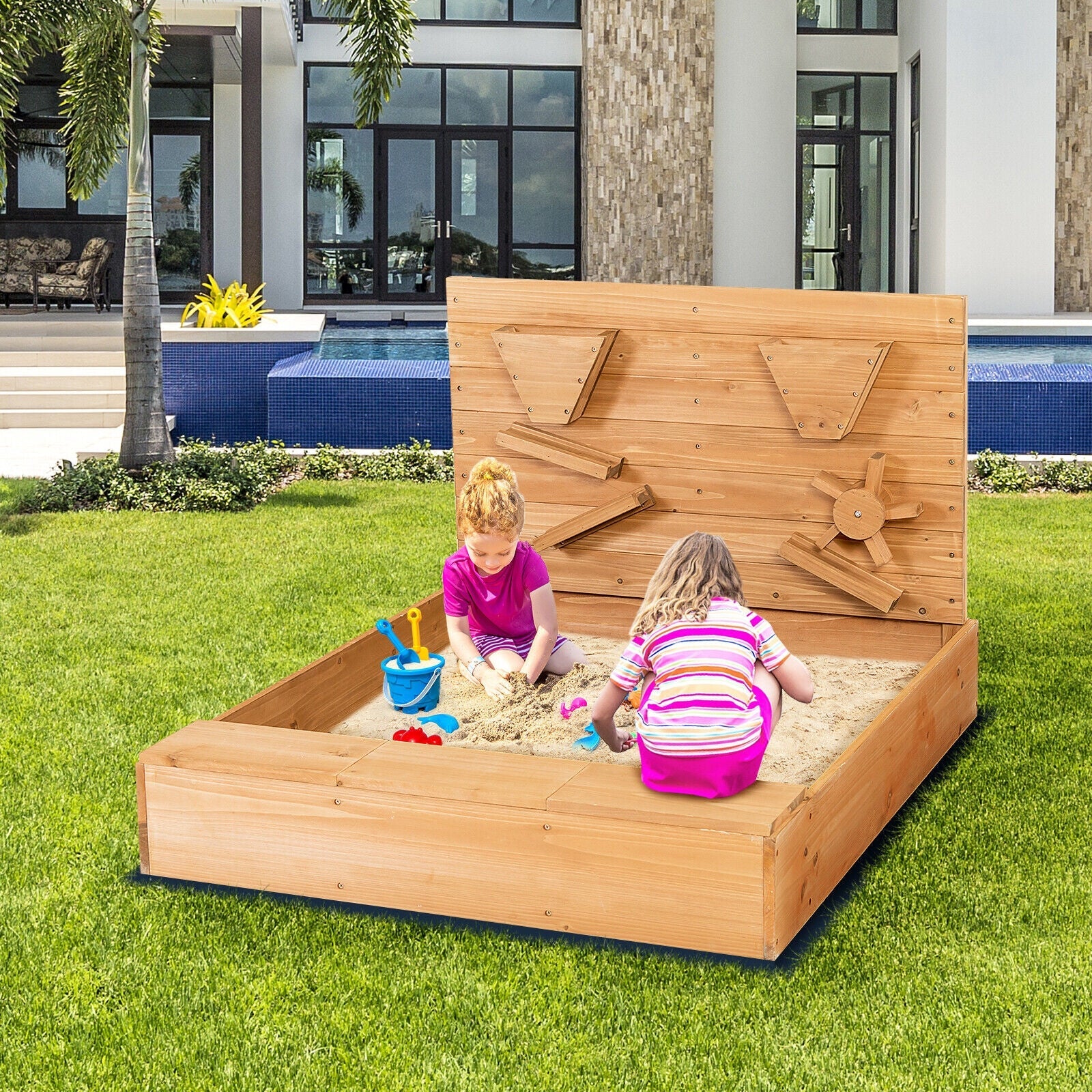 Kids Wooden Square Sandbox with Cover - Image 6