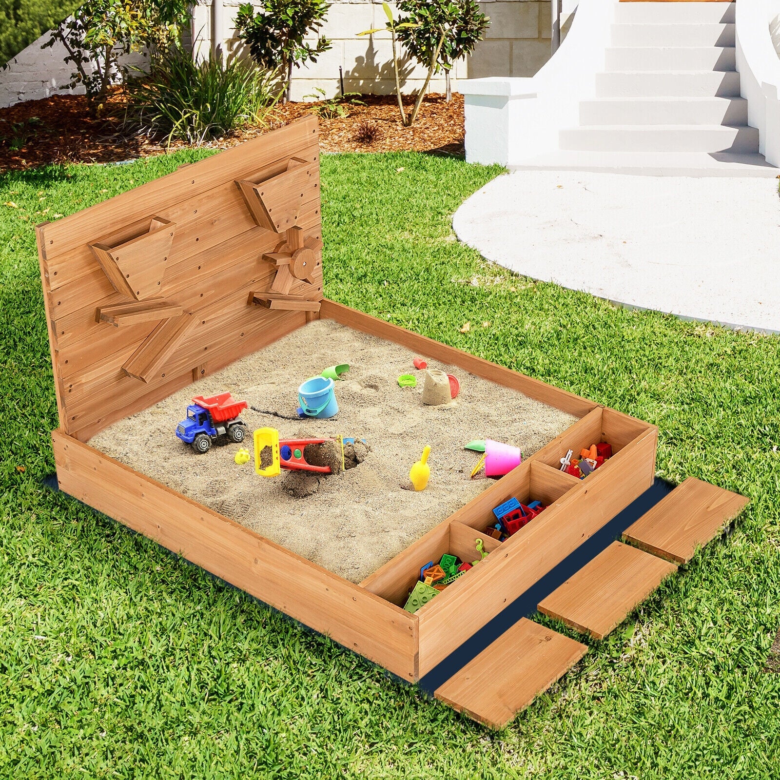 Kids Wooden Square Sandbox with Cover - Image 7