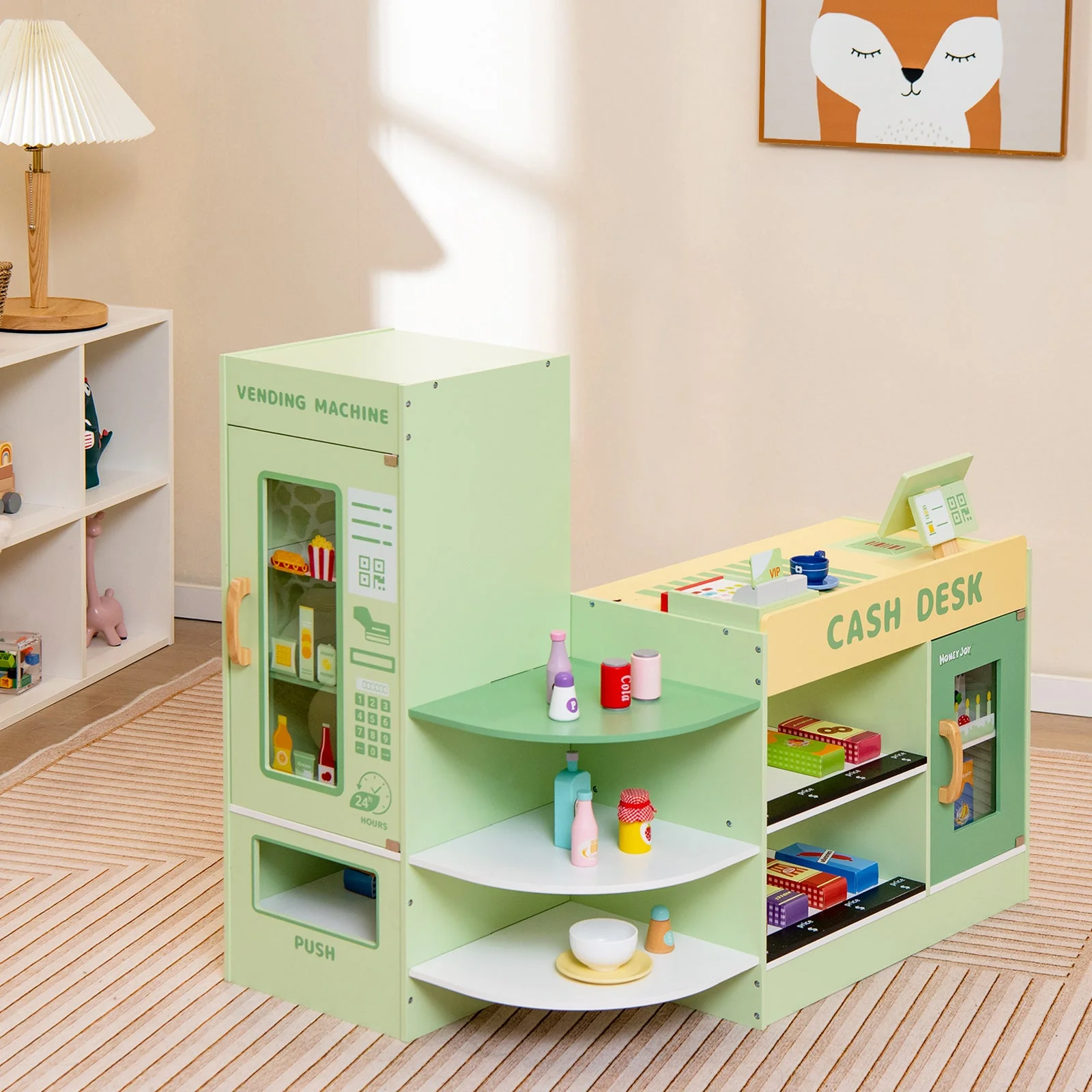 Kids Wooden Supermarket Play Toy Set with Checkout Counter-Green - Image 2