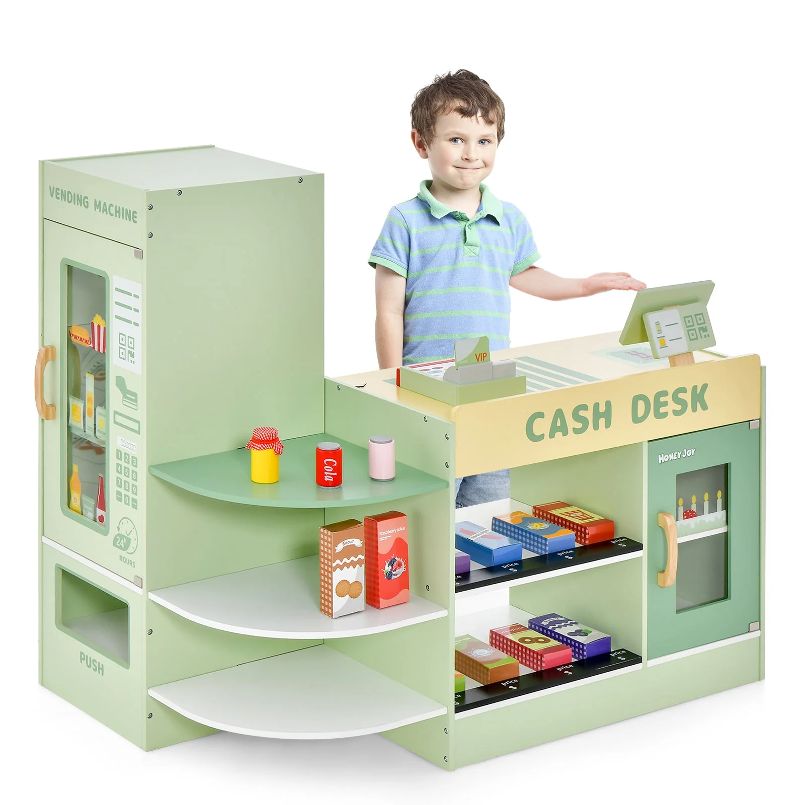 Kids Wooden Supermarket Play Toy Set with Checkout Counter-Green - Image 3