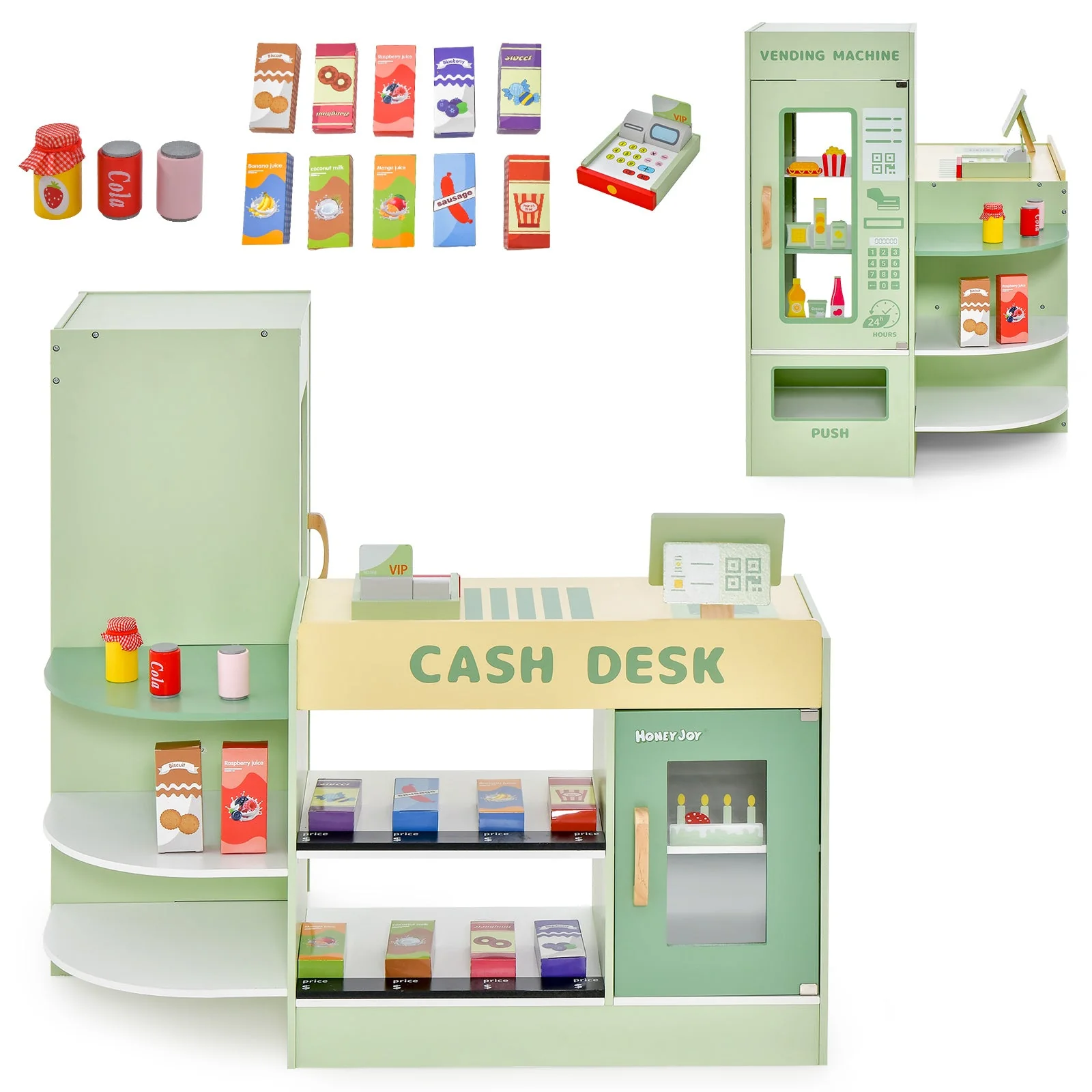 Kids Wooden Supermarket Play Toy Set with Checkout Counter-Green - Image 4