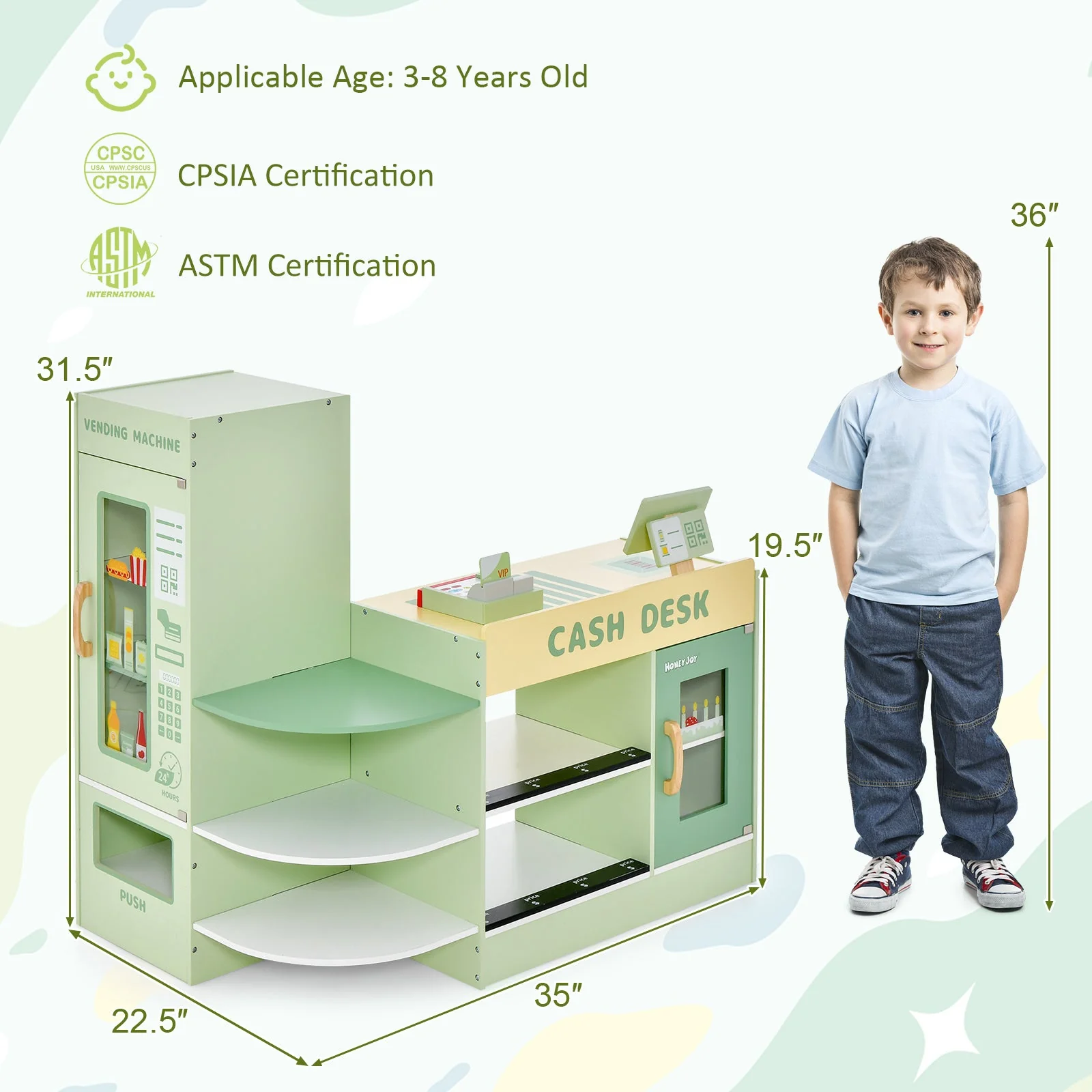 Kids Wooden Supermarket Play Toy Set with Checkout Counter-Green - Image 5