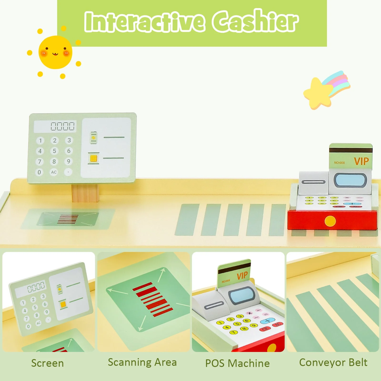 Kids Wooden Supermarket Play Toy Set with Checkout Counter-Green - Image 6