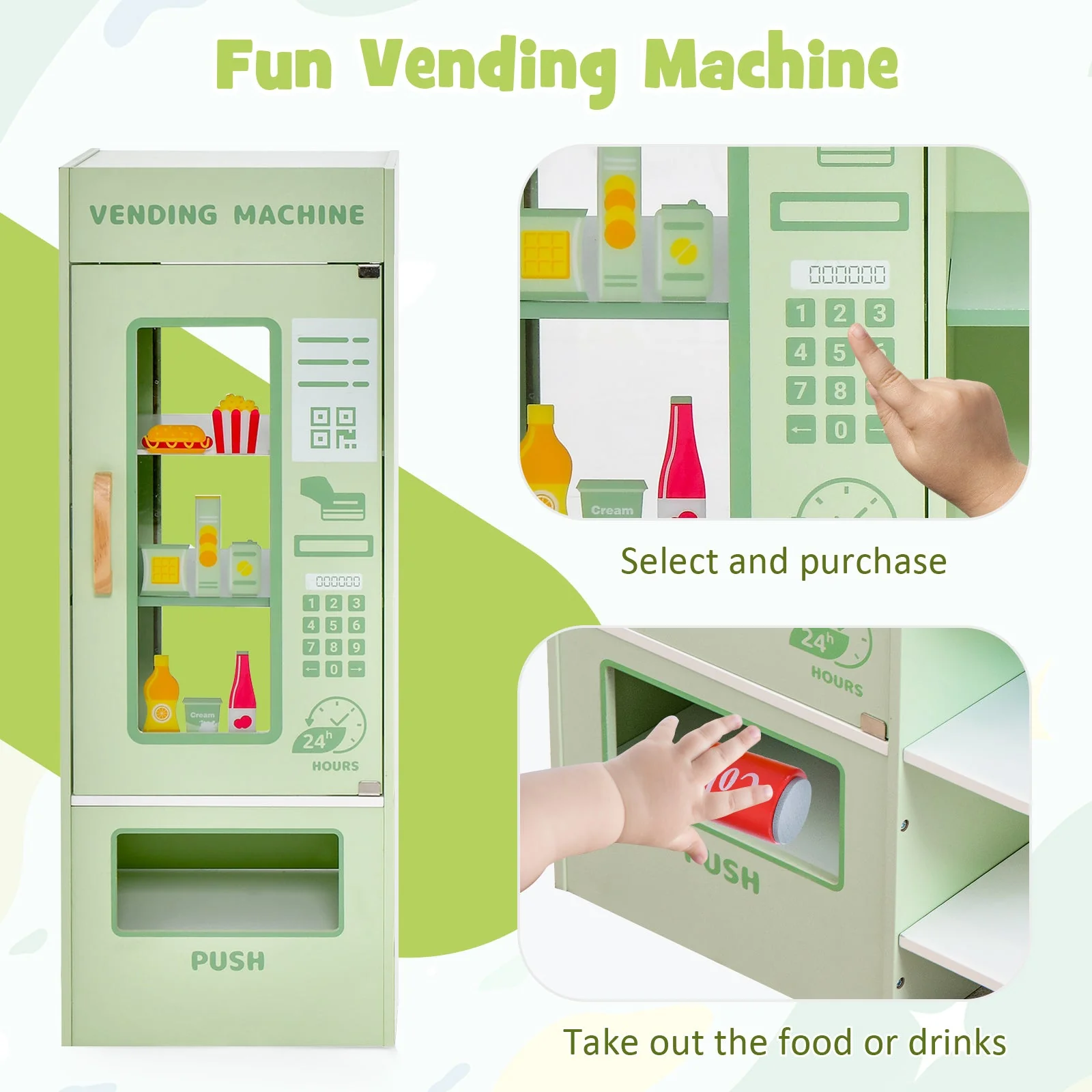 Kids Wooden Supermarket Play Toy Set with Checkout Counter-Green - Image 7
