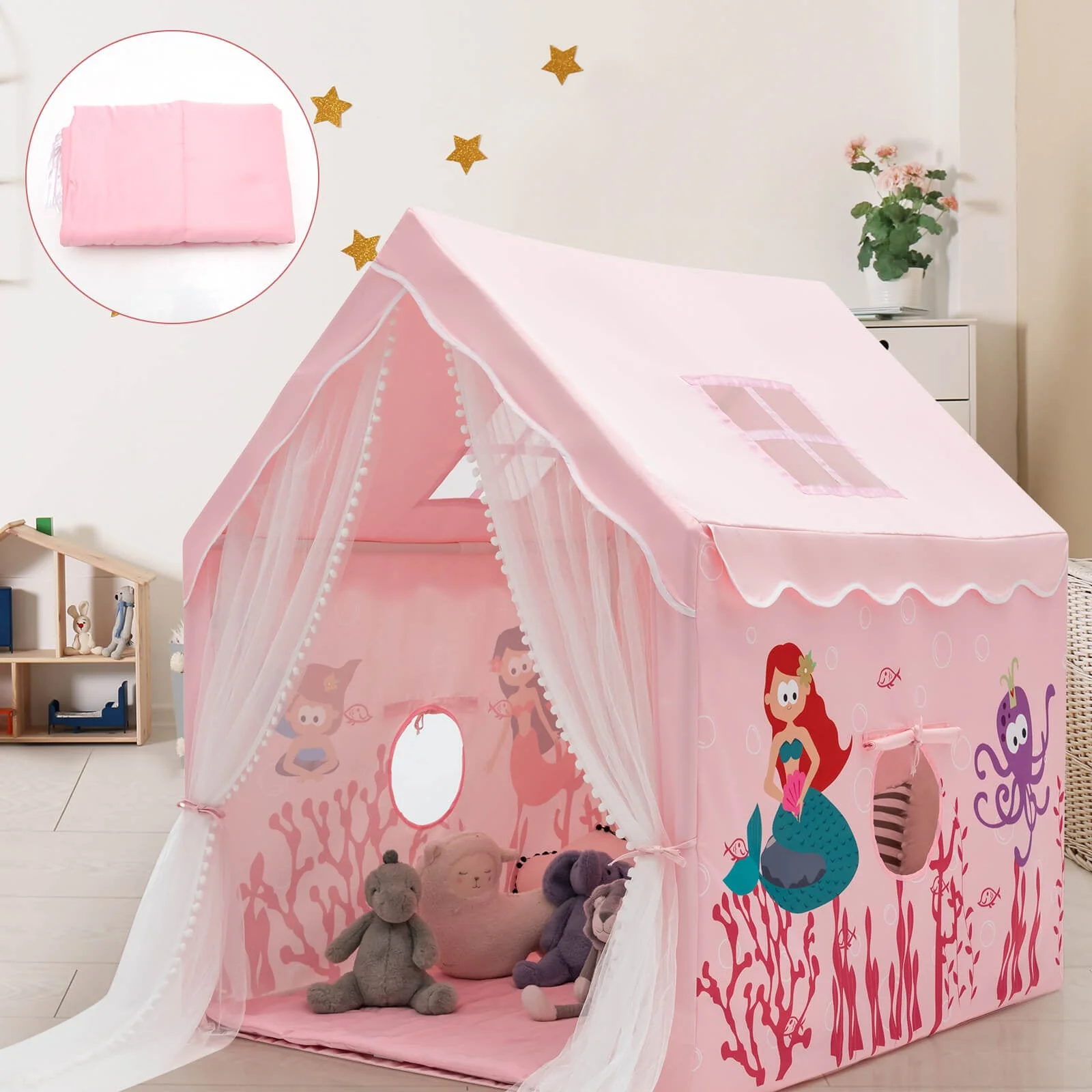 Large Kids Play Tent with Removable Cotton Mat-Pink - Image 2