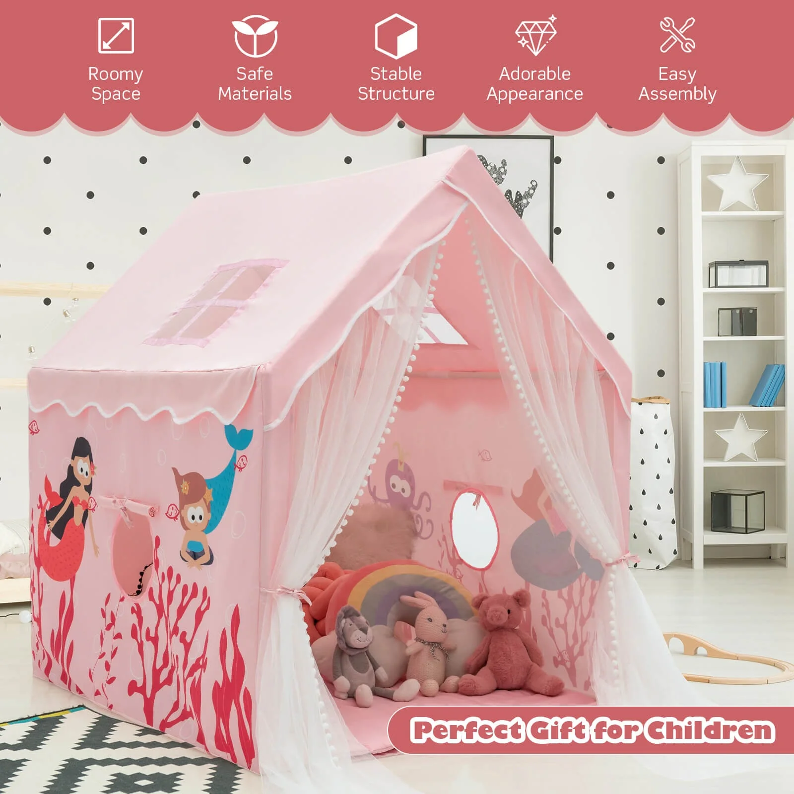Large Kids Play Tent with Removable Cotton Mat-Pink - Image 5