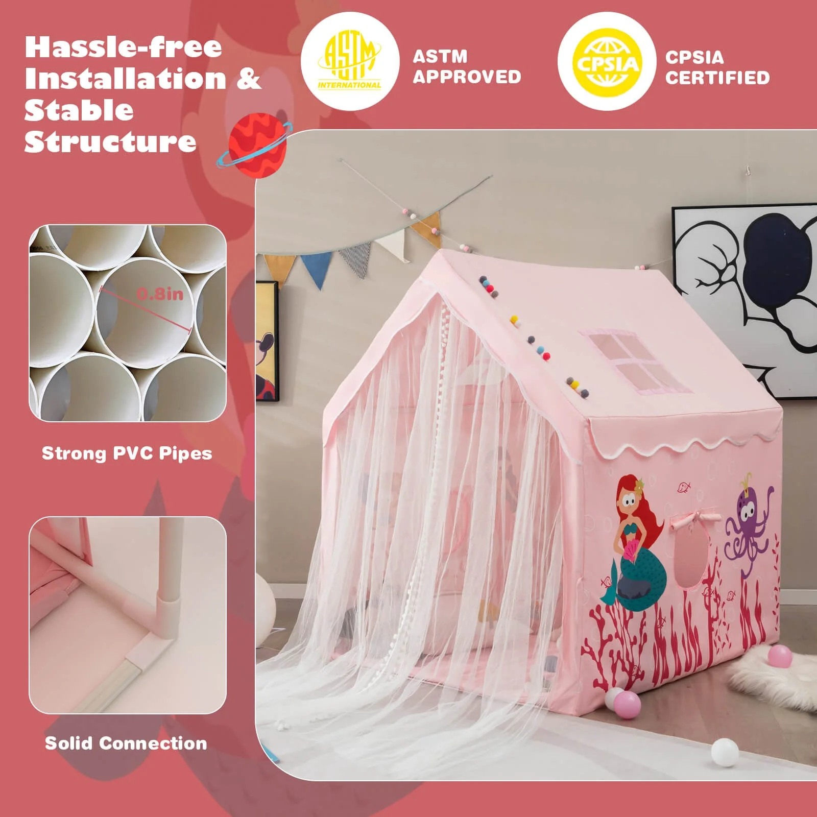 Large Kids Play Tent with Removable Cotton Mat-Pink - Image 7