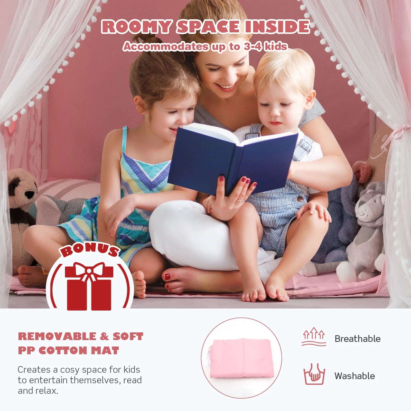 Large Kids Play Tent with Removable Cotton Mat-Pink - Image 8