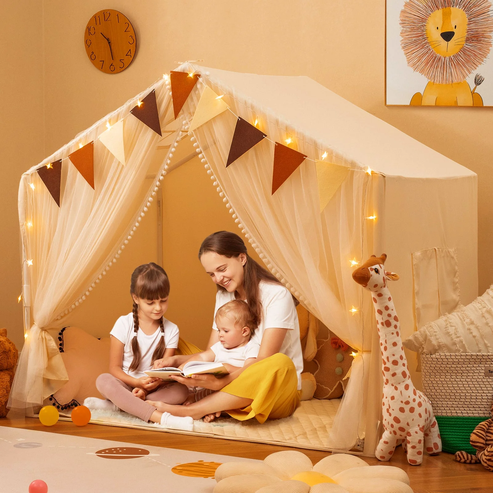 Large Toddler Playhouse Tent with Door Curtains Windows-Beige - Image 2
